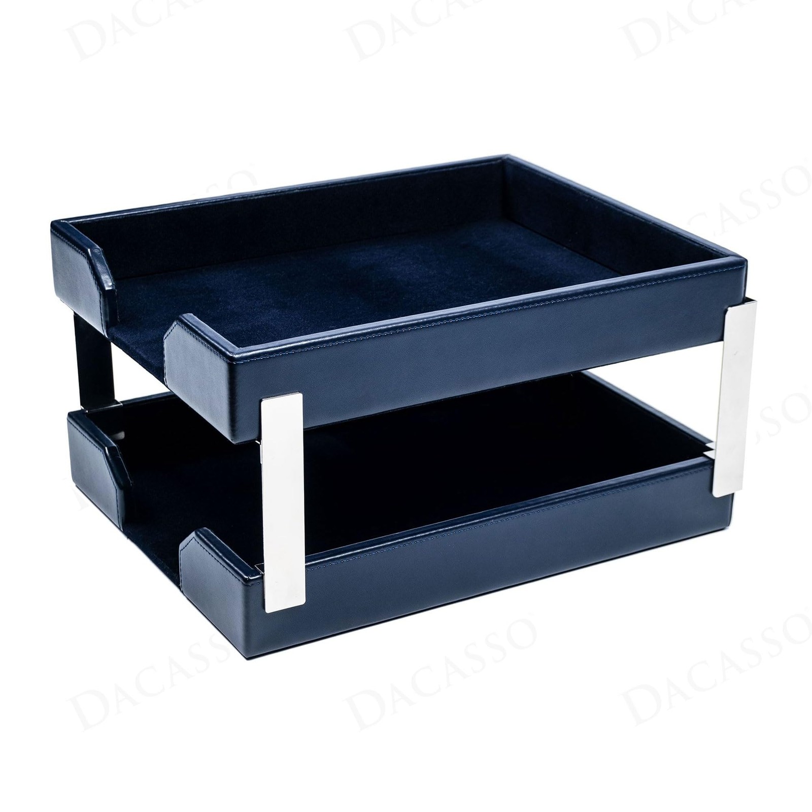 Navy Blue Bonded Leather Front-Load Double Letter Tray Set w/Silver Stacking …