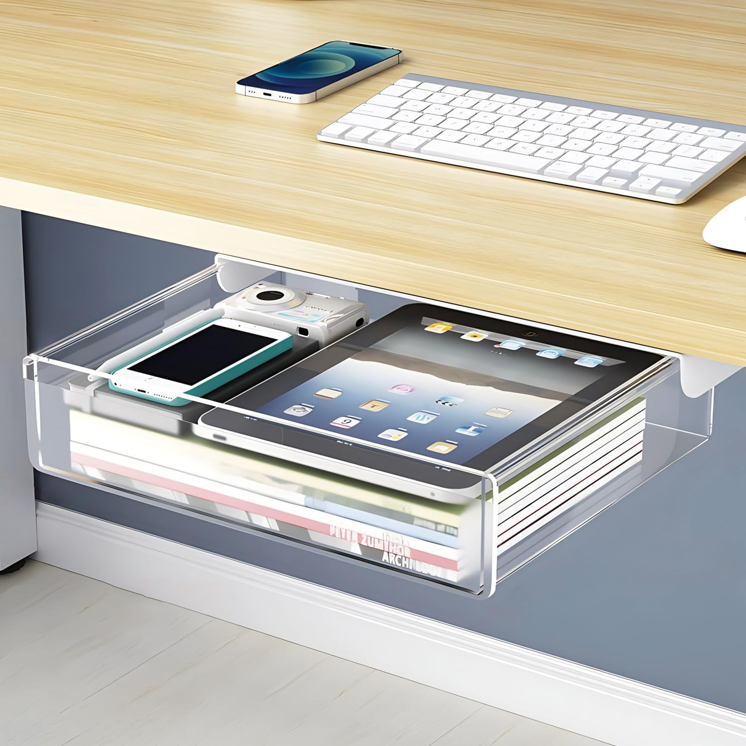 Large Under Desk Table Drawer Storage Organizer A4 Hidden Tray Clear White