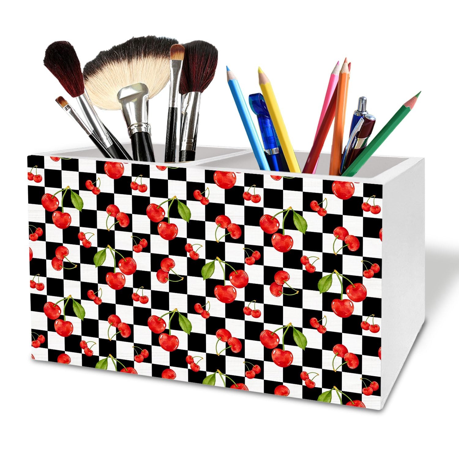 Black and White Checkered Cherry Pen Holder for Desk, Cherry Themed Gifts Woo…