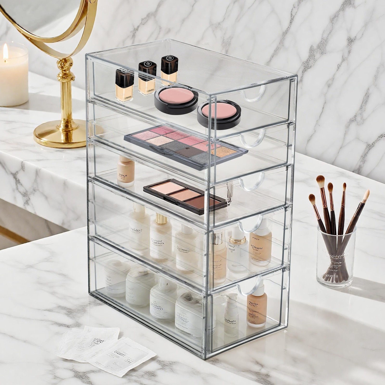 Prsildan Acrylic Drawer Makeup Organizer 10″H x 4.2″W x 6.9″D, Transparent