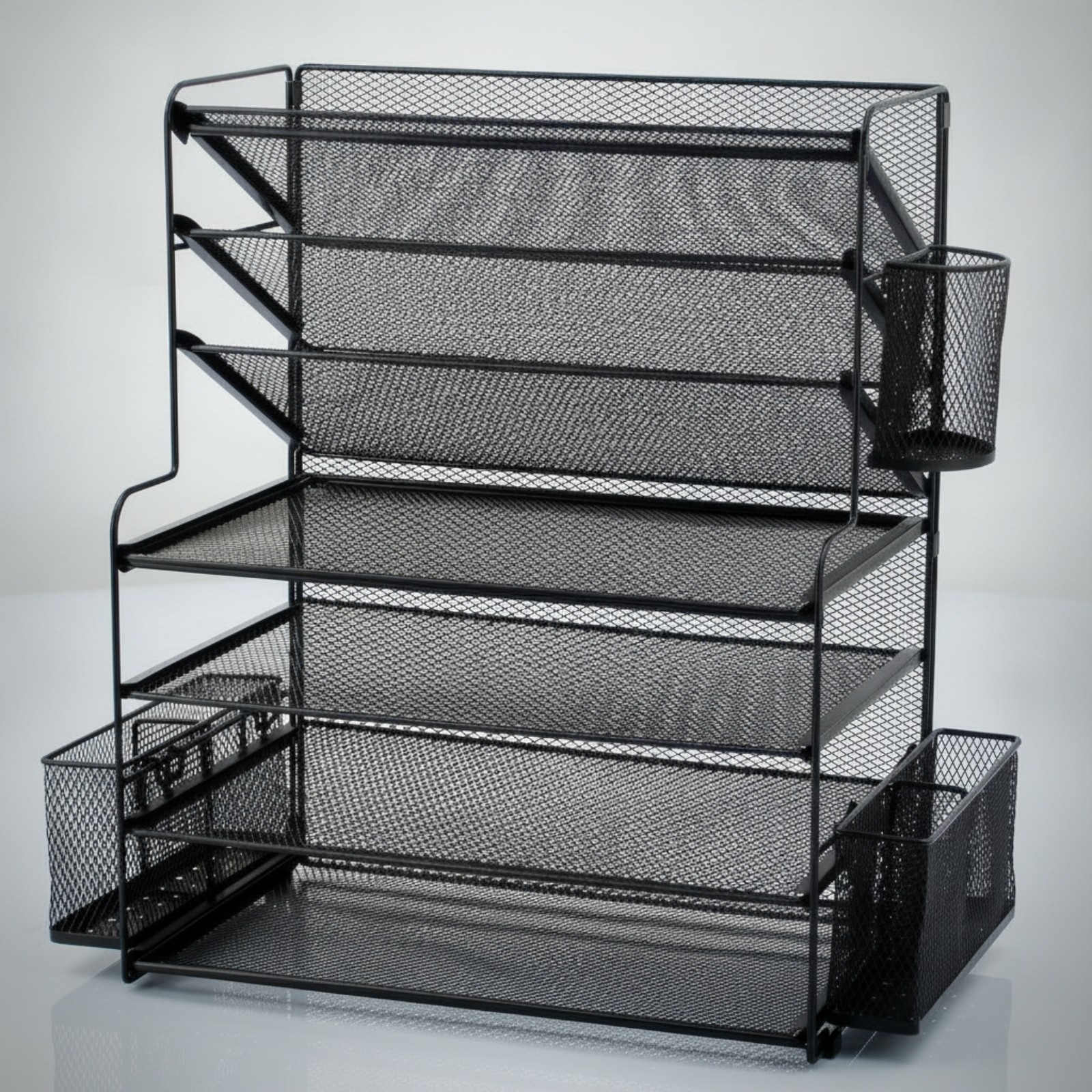 Document Rack with Side Baskets Slanted Mesh Desk Organizer Stepped for