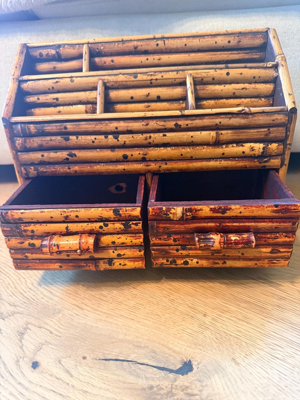Vintage Bamboo Desk Organizer Letter Holder with Drawers | Boho Office Storage |