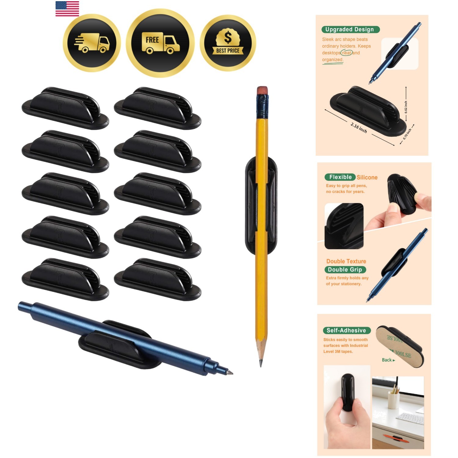 10 Pack Adhesive Silicone Pencil Holder for Student Desk, Wall & Monitor – Fl…