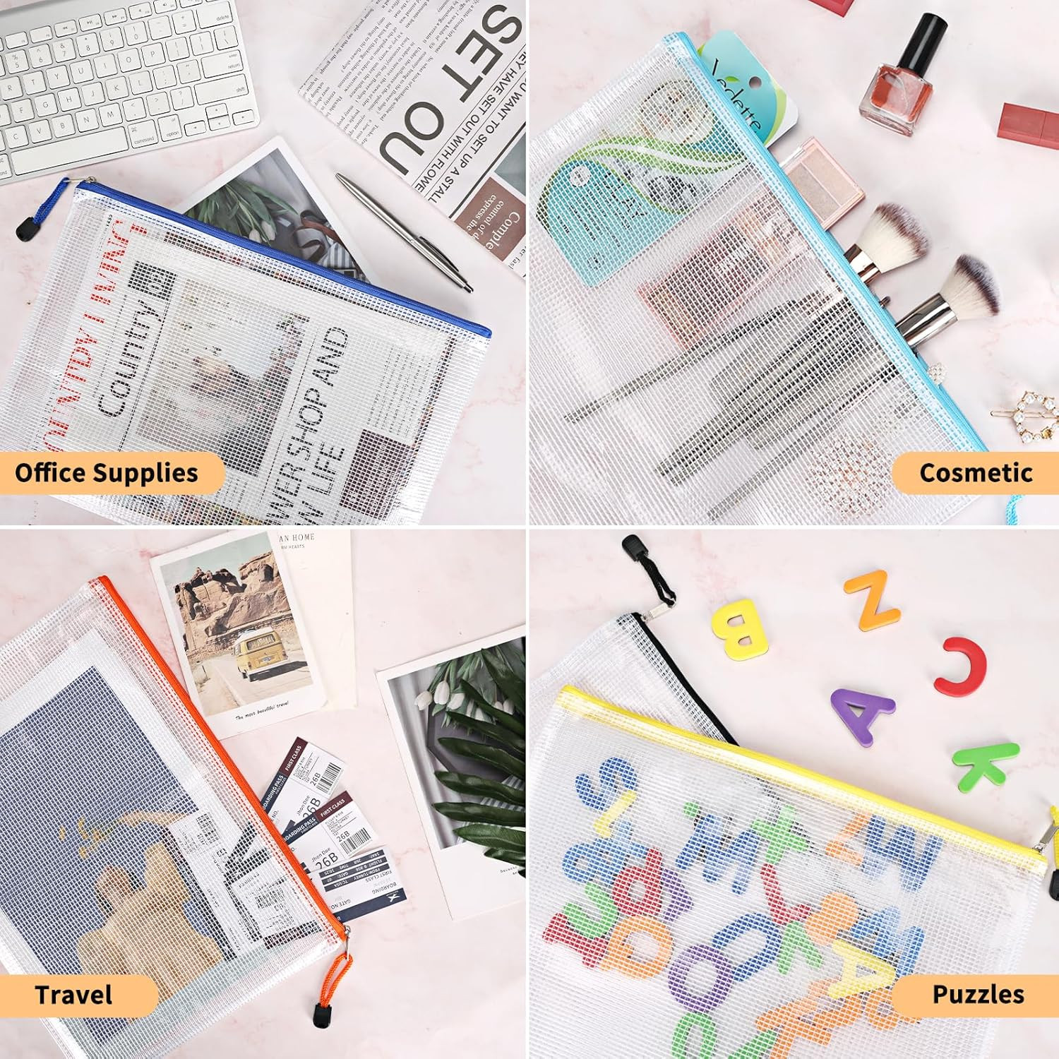 EOOUT 100Pcs Mesh Zipper Pouch, A4 Size, 10 Colors Zipper Bags for Organizing
