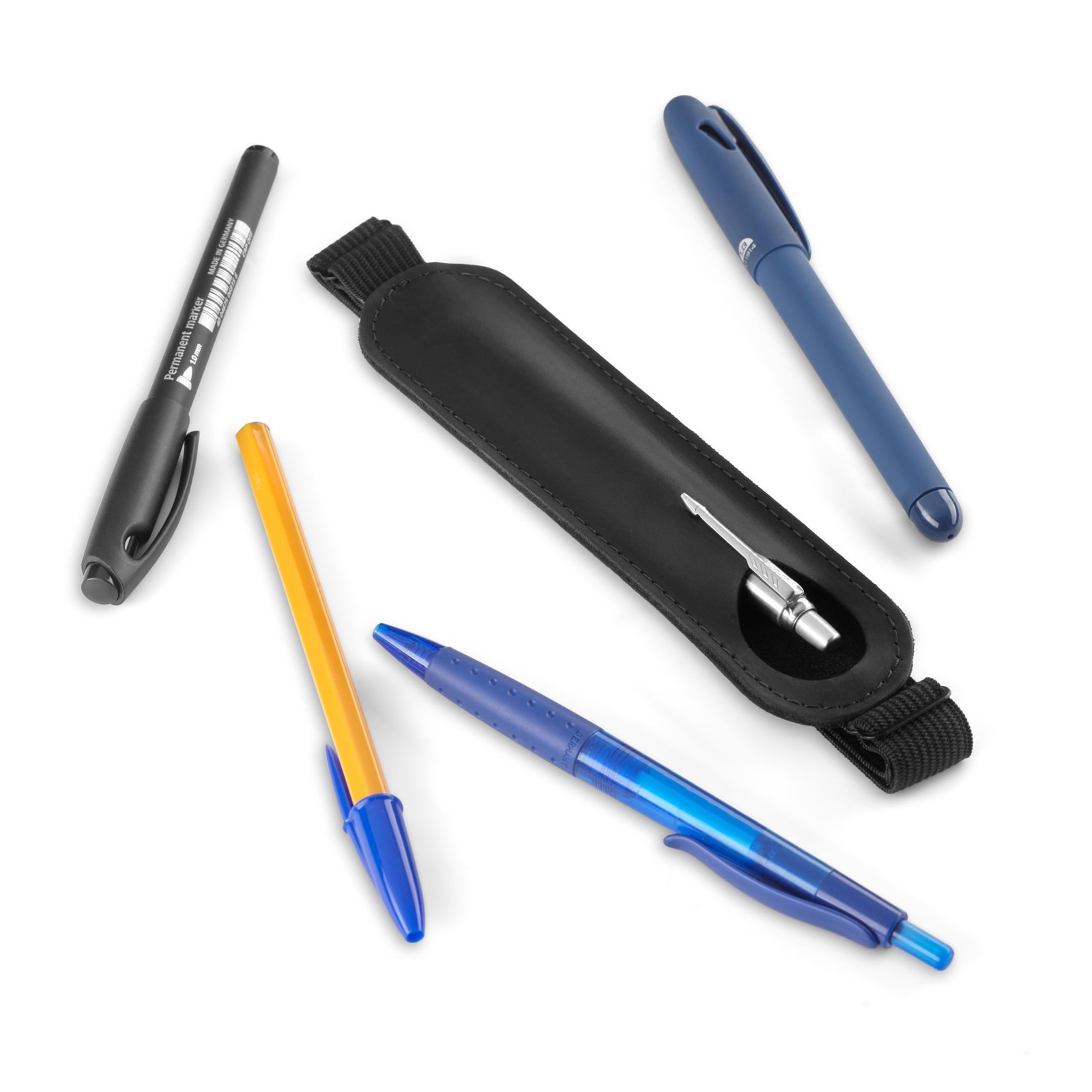 Leather Adjustable Pen Holder for Journals, Notebooks, Planners, Books, Black