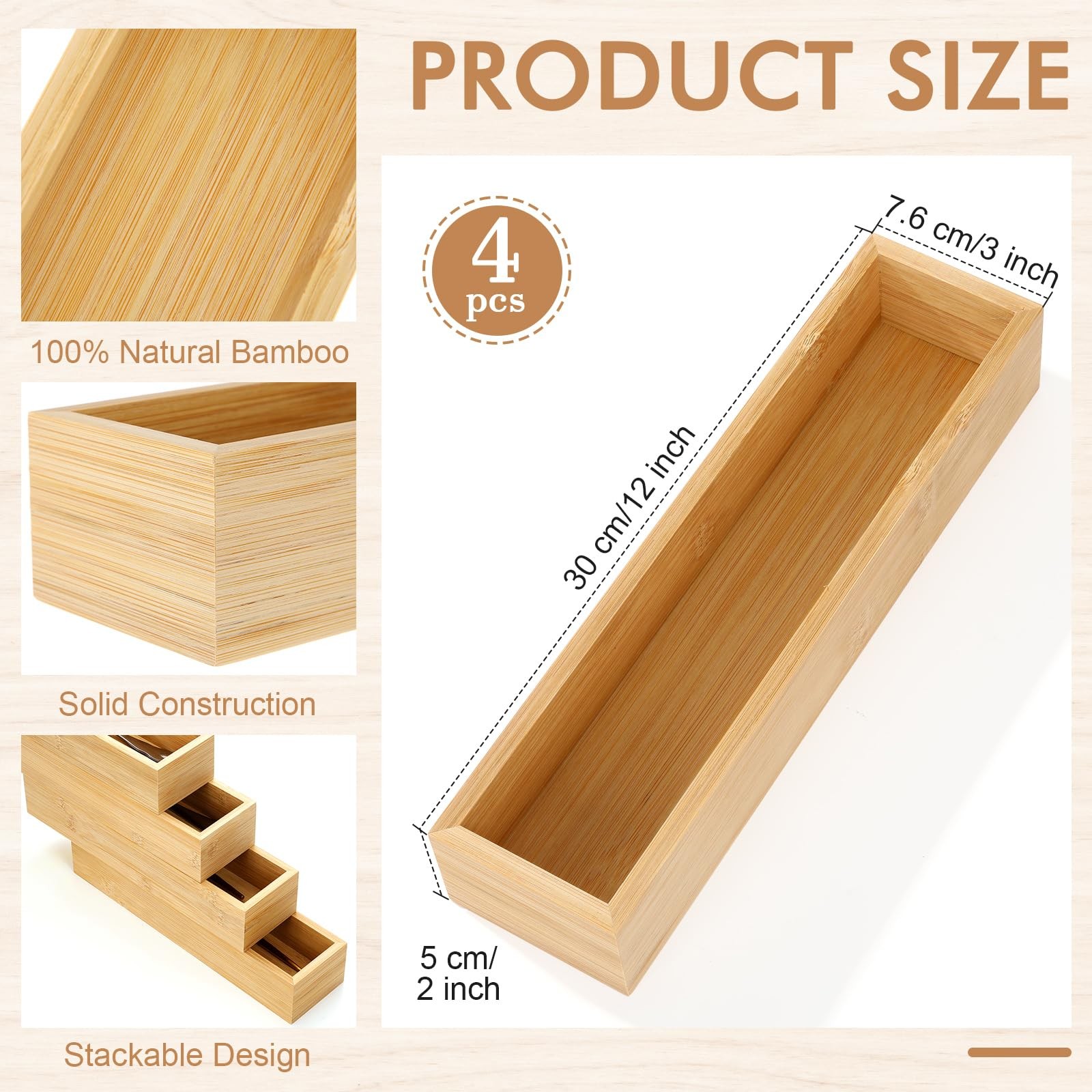 Ferrochef 4 Pcs Bamboo Drawer Organizer Stackable 12″ x 3″ x 2″, Natural