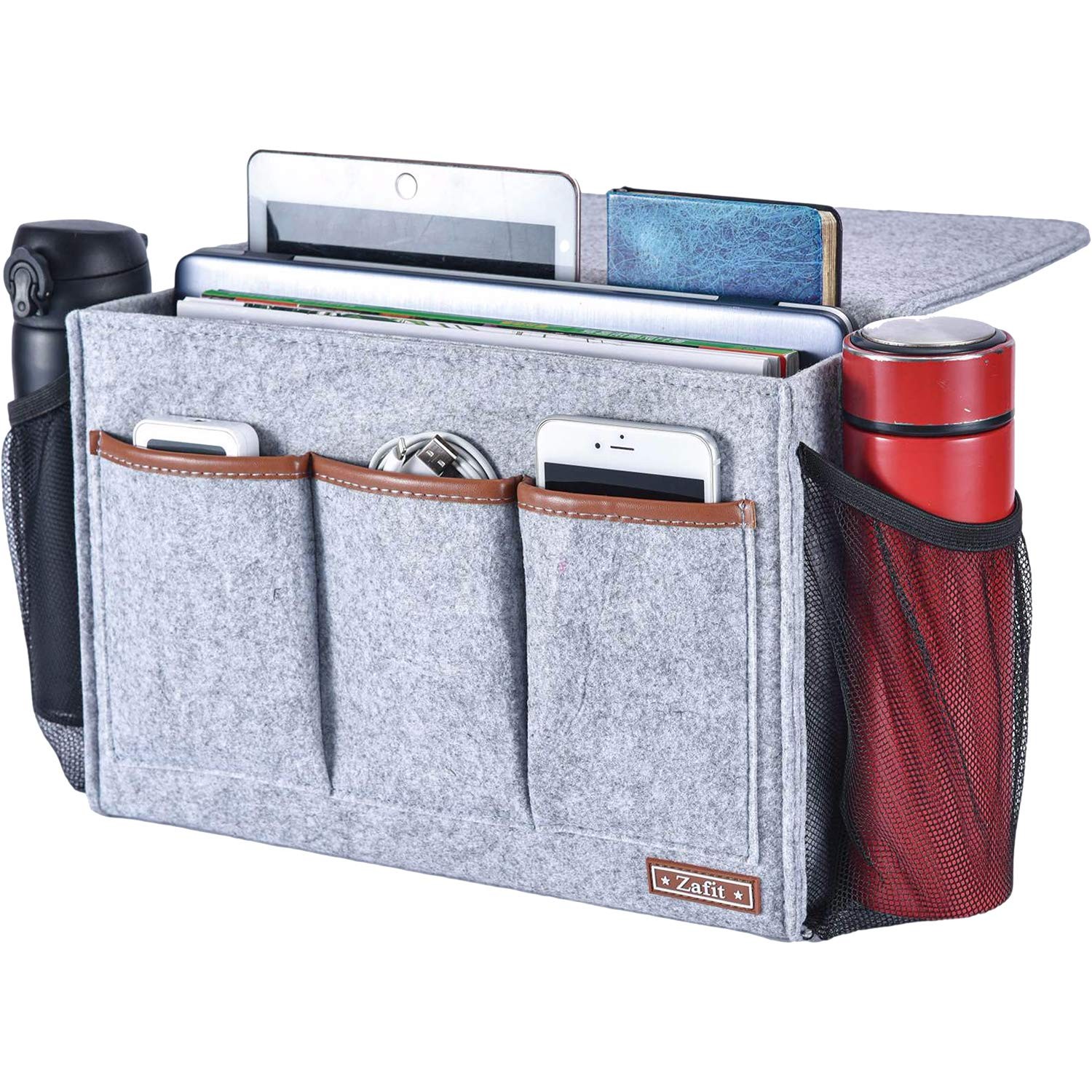 Zafit Bedside Caddy, Large Size Storage 13.4” x 18.1” 8 Pockets, Light Grey