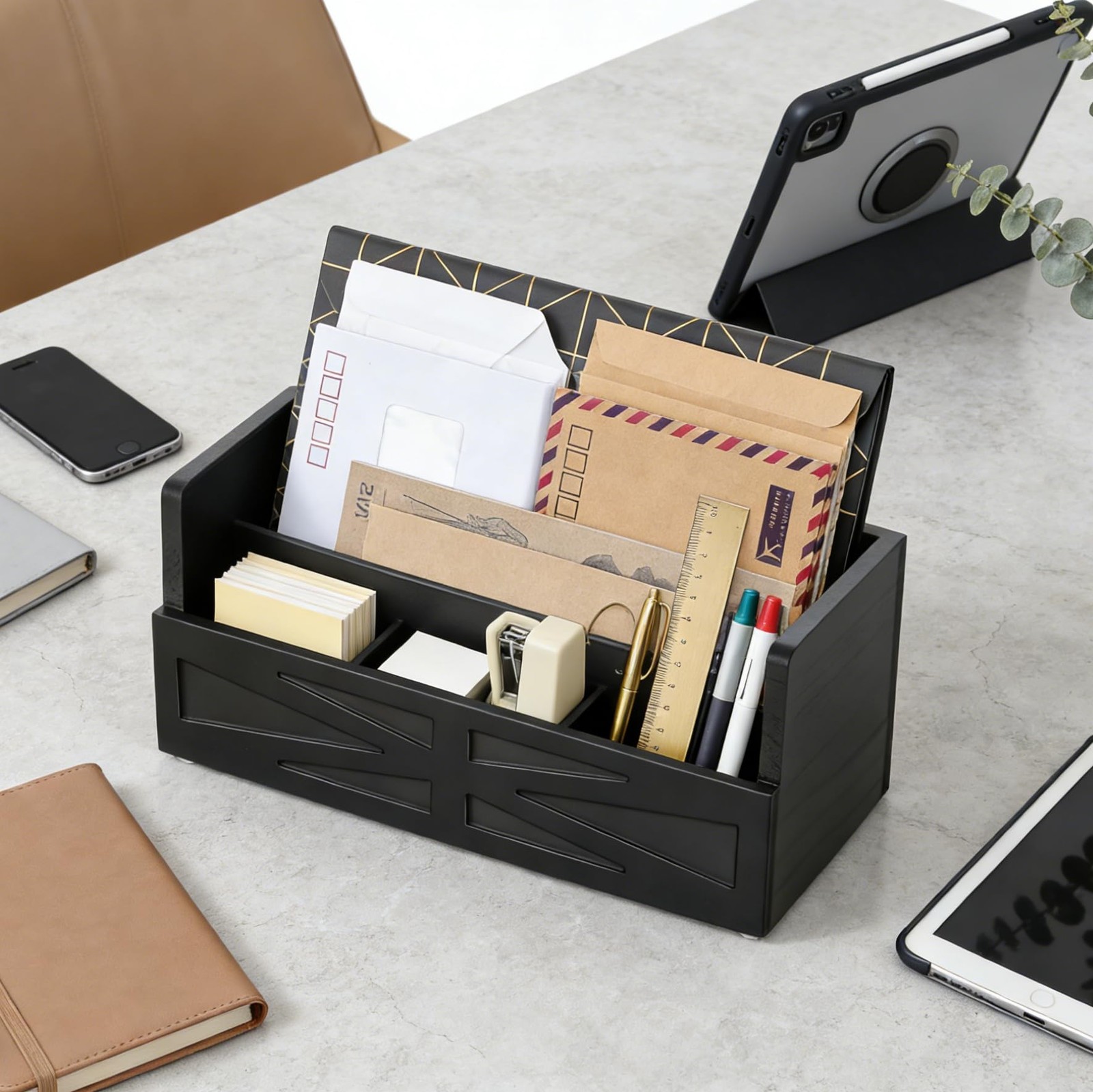 Black Wood Mail Organizer Countertop Sorter For Desk Rustic Bill Storage