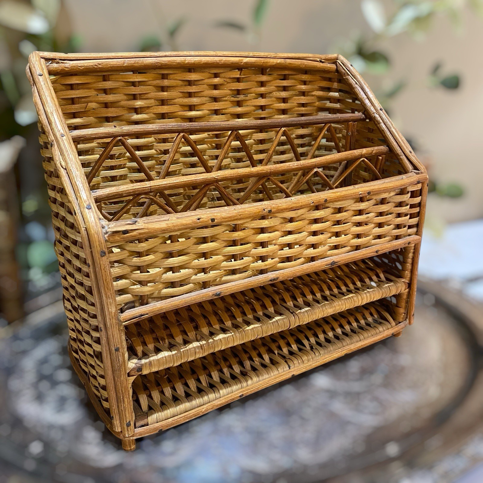 Vintage Woven Wicker Mail Letter Desk Organizer Footed Stand