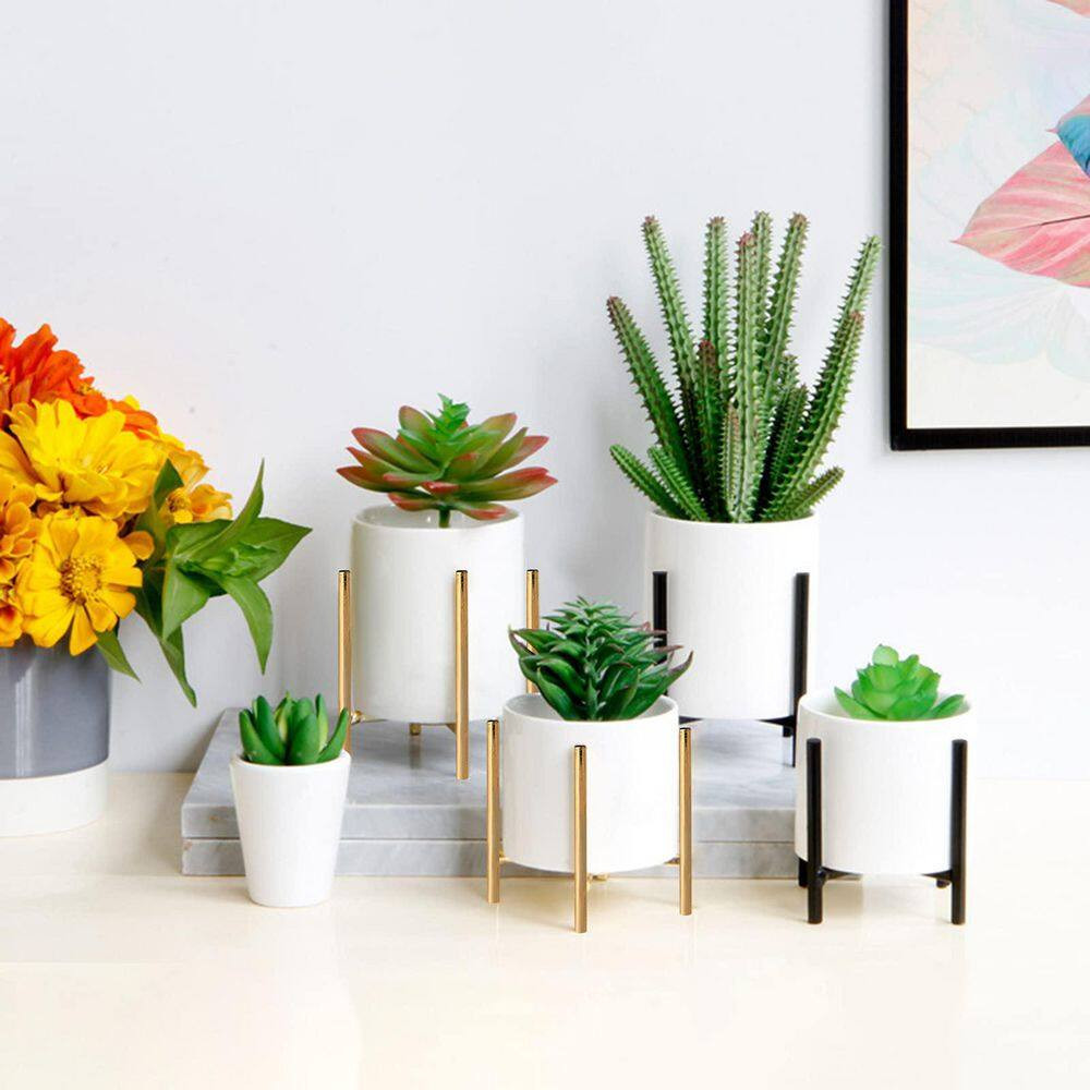 Gold and White Ceramic Pencil Cup with Sturdy Metal Frame, Smooth Marble Finish,
