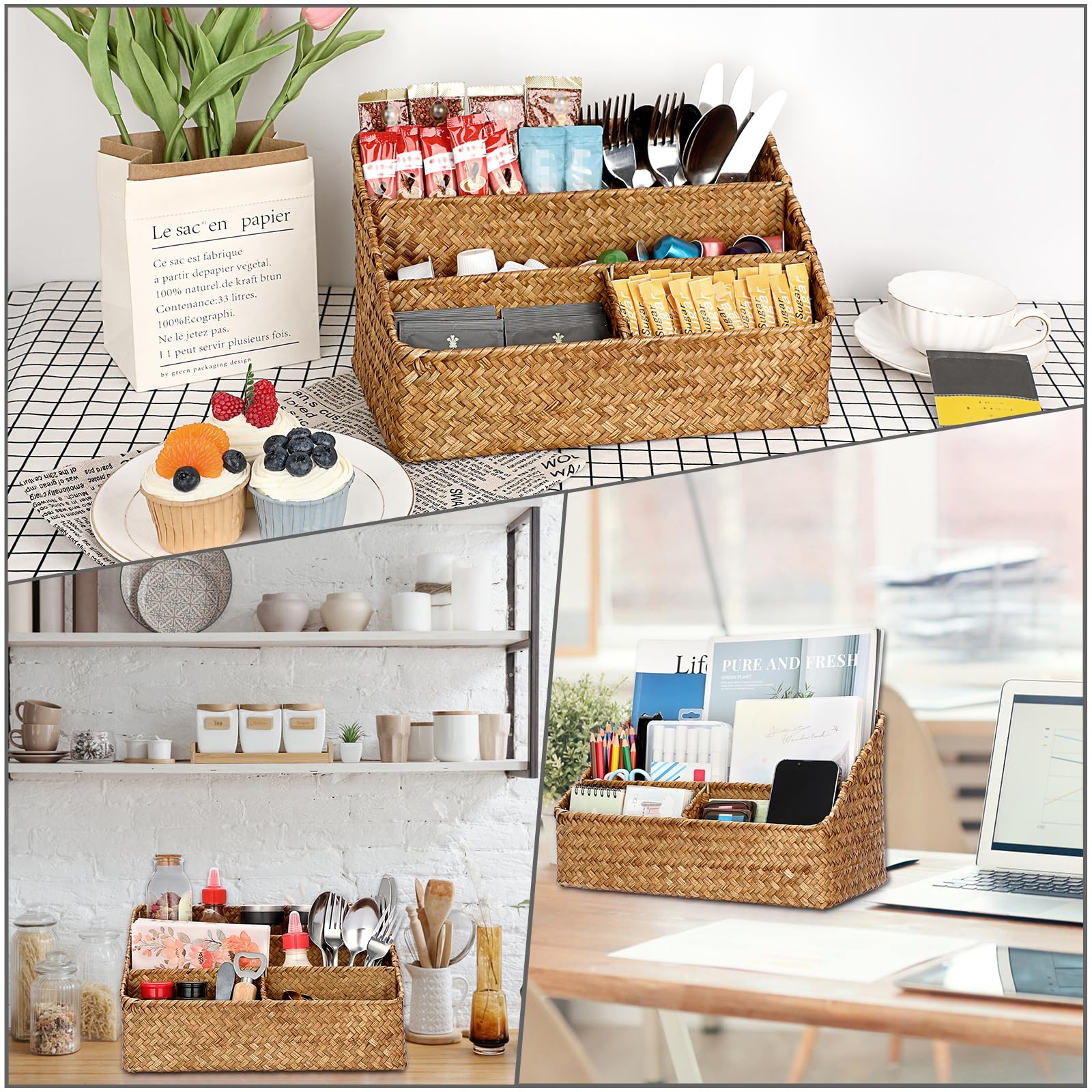 Woven Storage Basket Natural Seagrass Vertical Wicker Storage Baskets With 4 Com