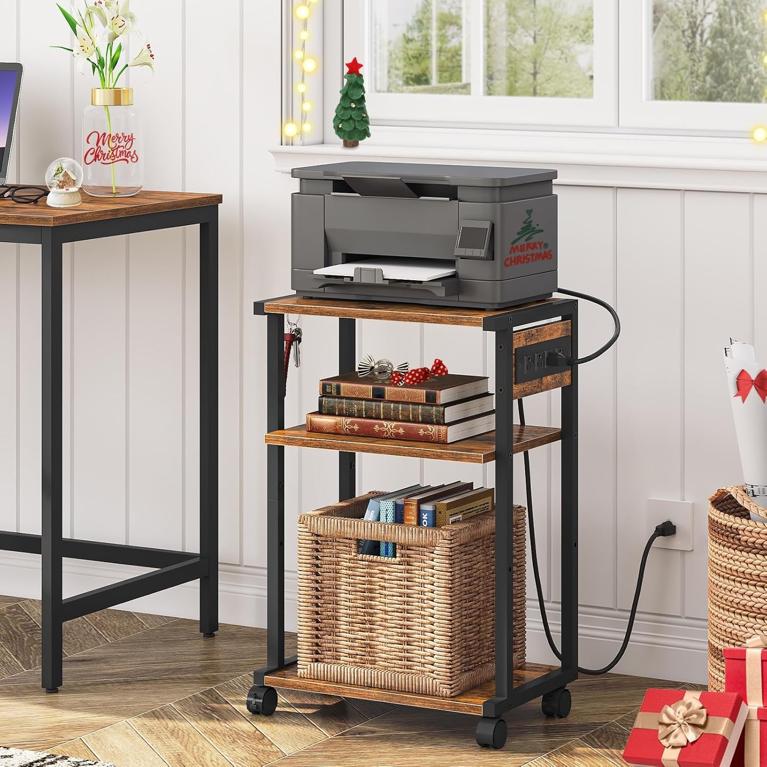 HOOBRO Industrial Printer Stand with Charging Station, Rustic Brown + Black