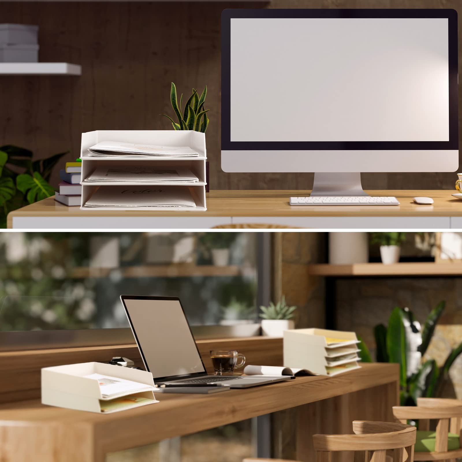4 Pcs Stackable Desk Organizer Trays 12.8 x 9.45 x 1.97 inches, White