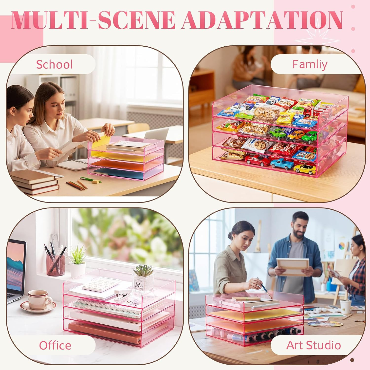 4 Tier Clear Hot Pink Acrylic Paper Organizer Letter Tray, Aesthetic Stackable L