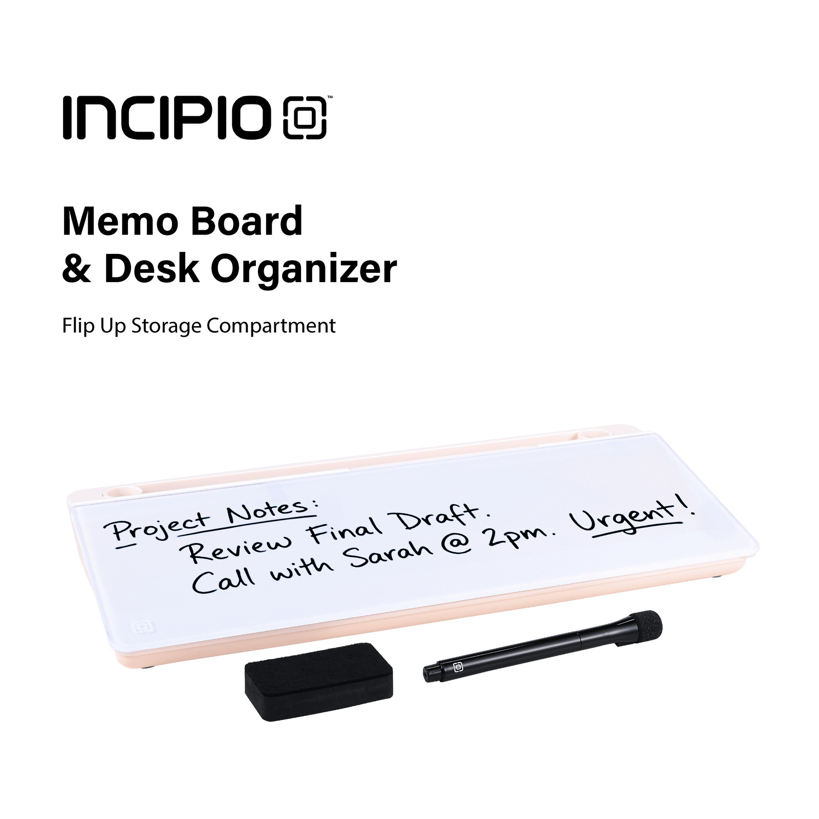 Incipio Desk Organizer Memo Board, Flip-Up Storage, Marker & Eraser Included