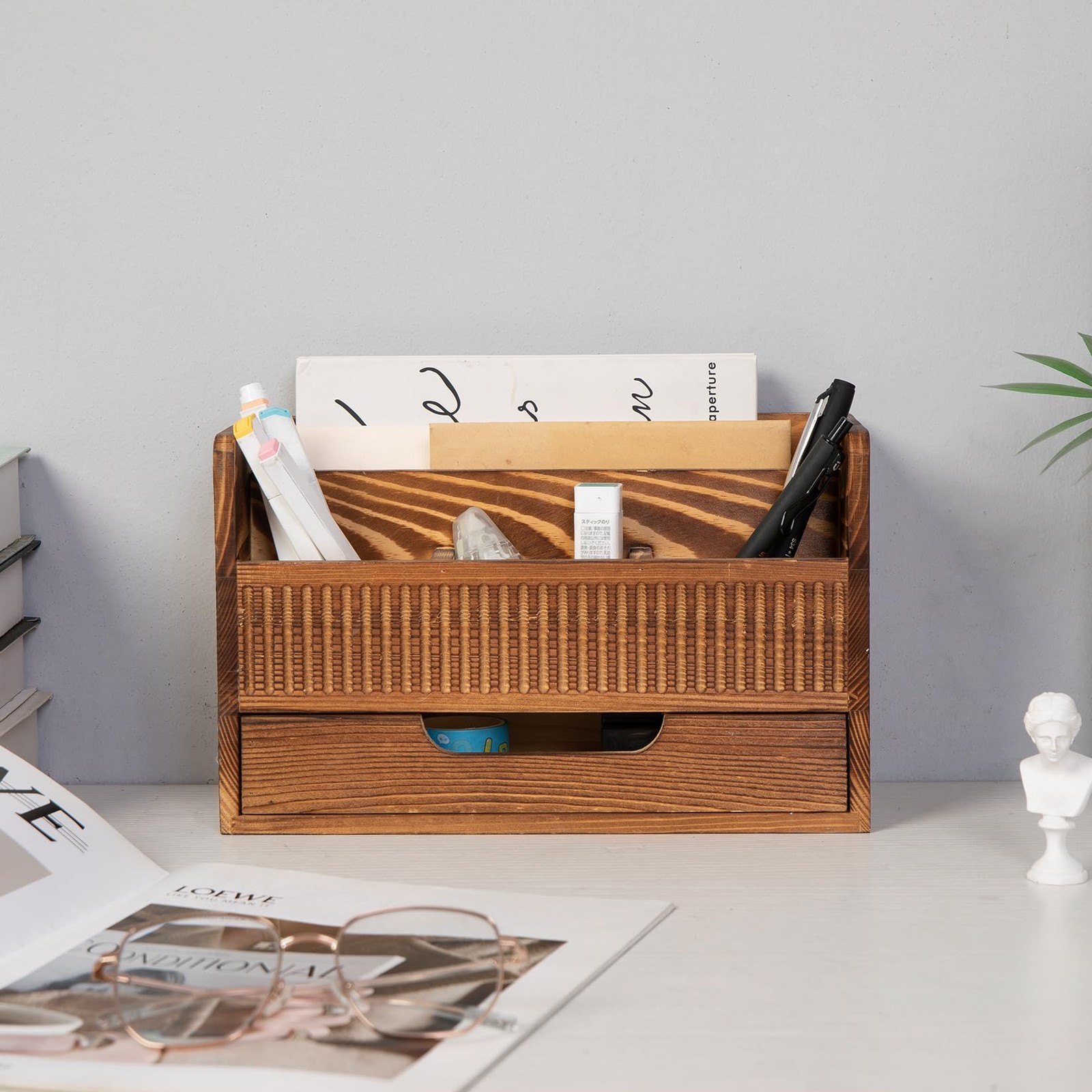 ExoLiry Rustic Brown Wood Desktop Stationery Organizer Mail Sorter Office Sup…