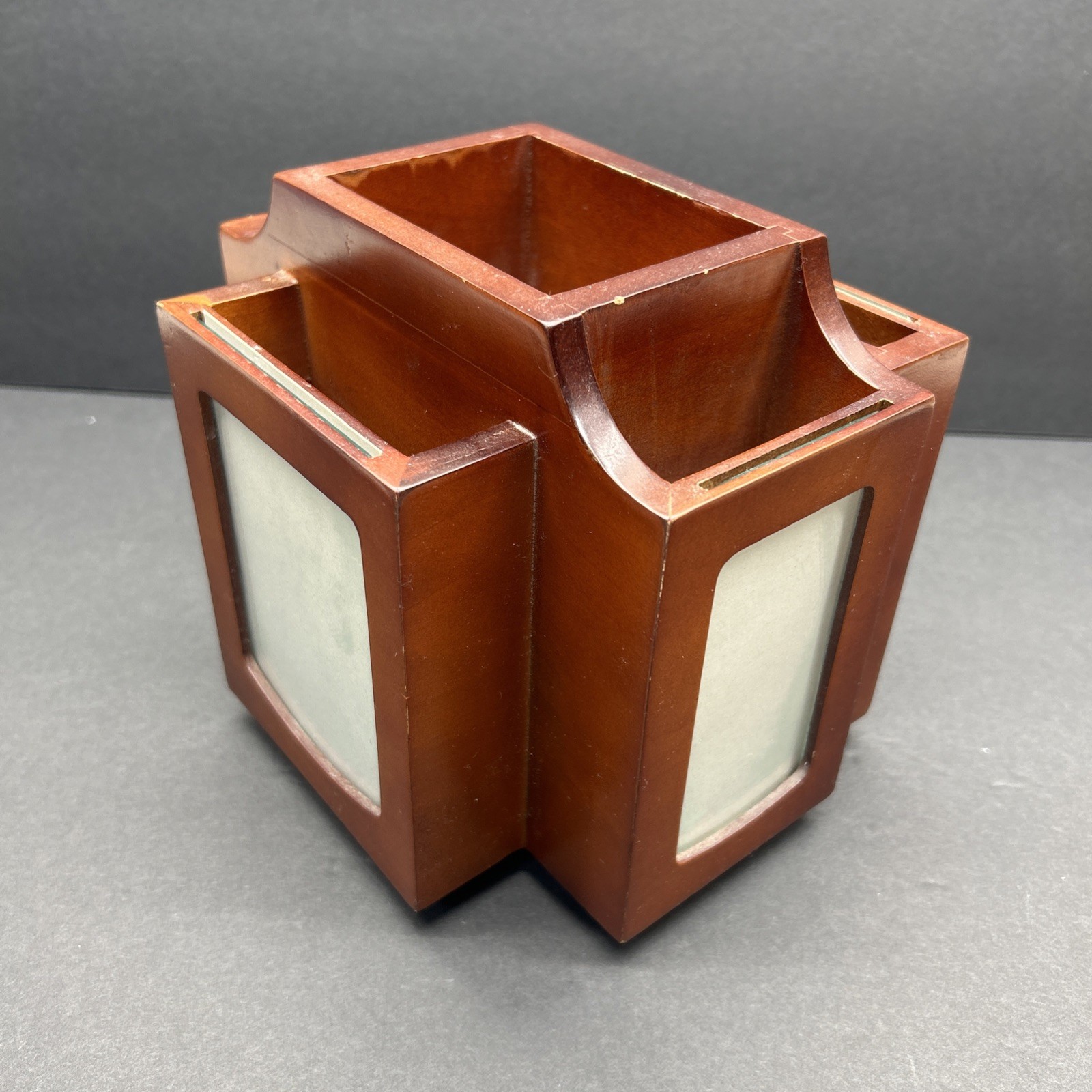Art Deco wooden desk organizer with photo frame panels and mail holder slots.