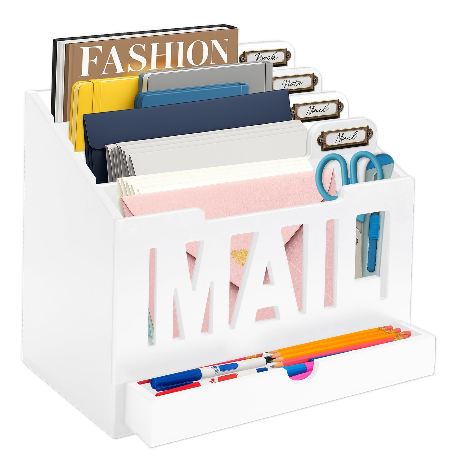 Mail Organizer Countertop, Desktop Sorter with Drawer & Large, White