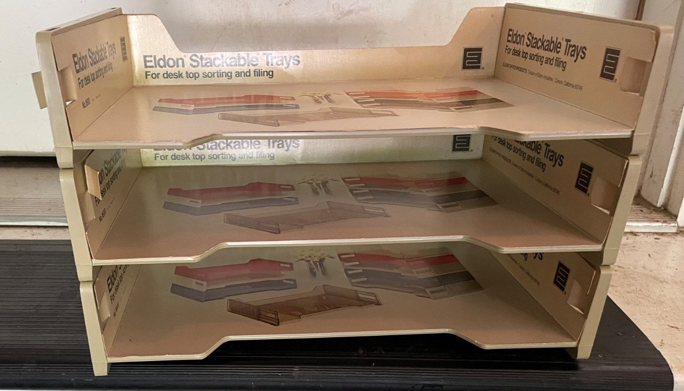 Three Vintage 1978 ELDON OFFICE PRODUCTS Stackable File Trays , Tan
