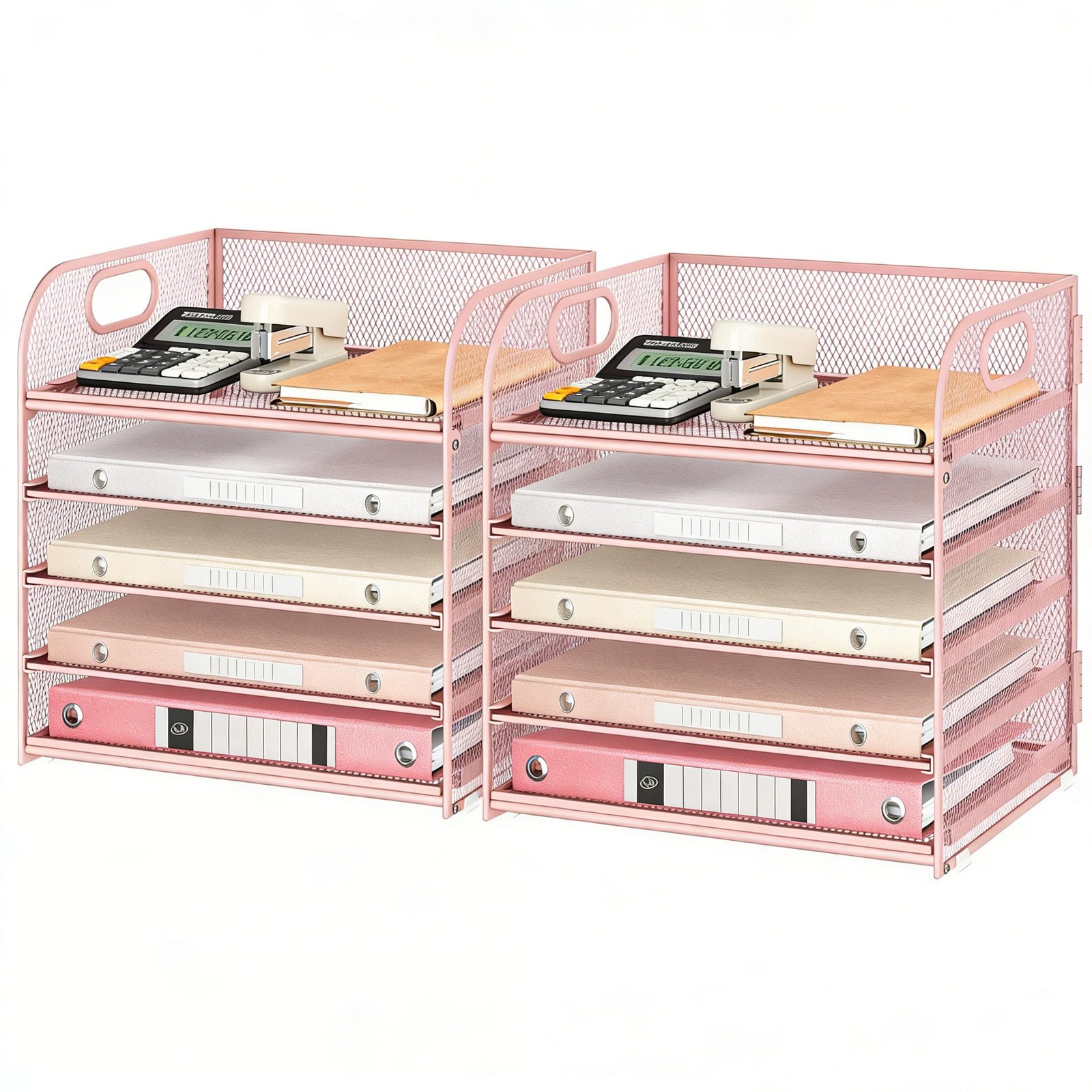 Lavatino Desk Paper Organizer with Handle, 2 Pack 5-Tier Pink Mesh Desk File