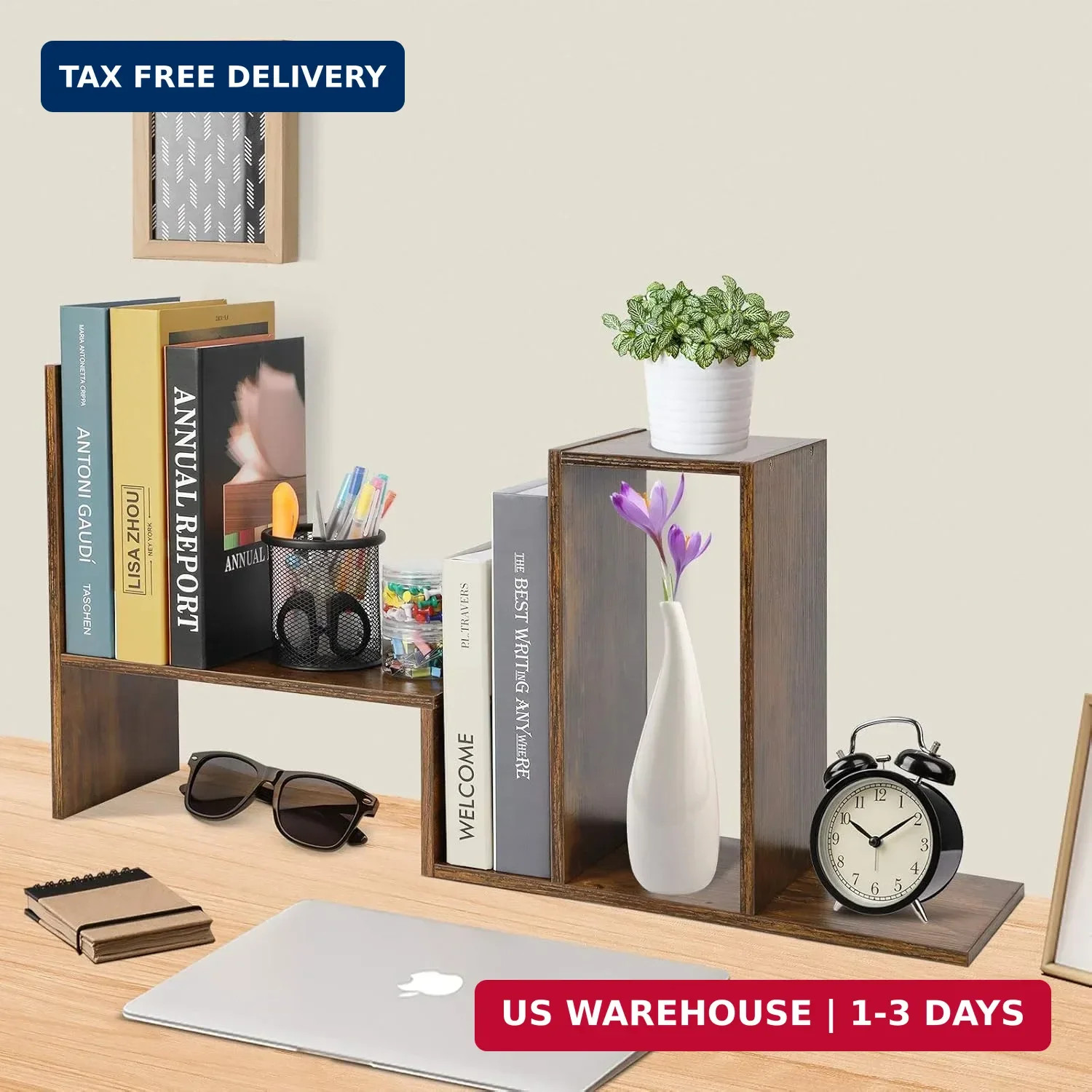 Sorfity Expandable Wood Desktop Bookshelf Desktop Organizer Office Storage Rack