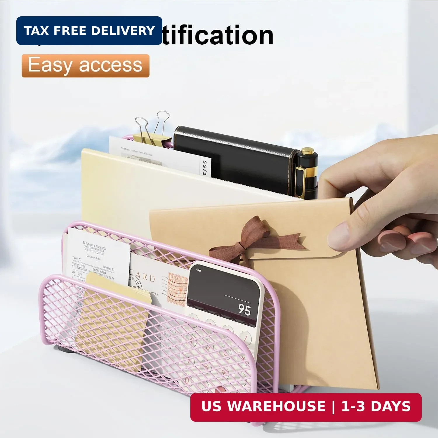 gianotter Mail Organizer Countertop, Metal File Holder with 3-Slot, Pink Desk Ac