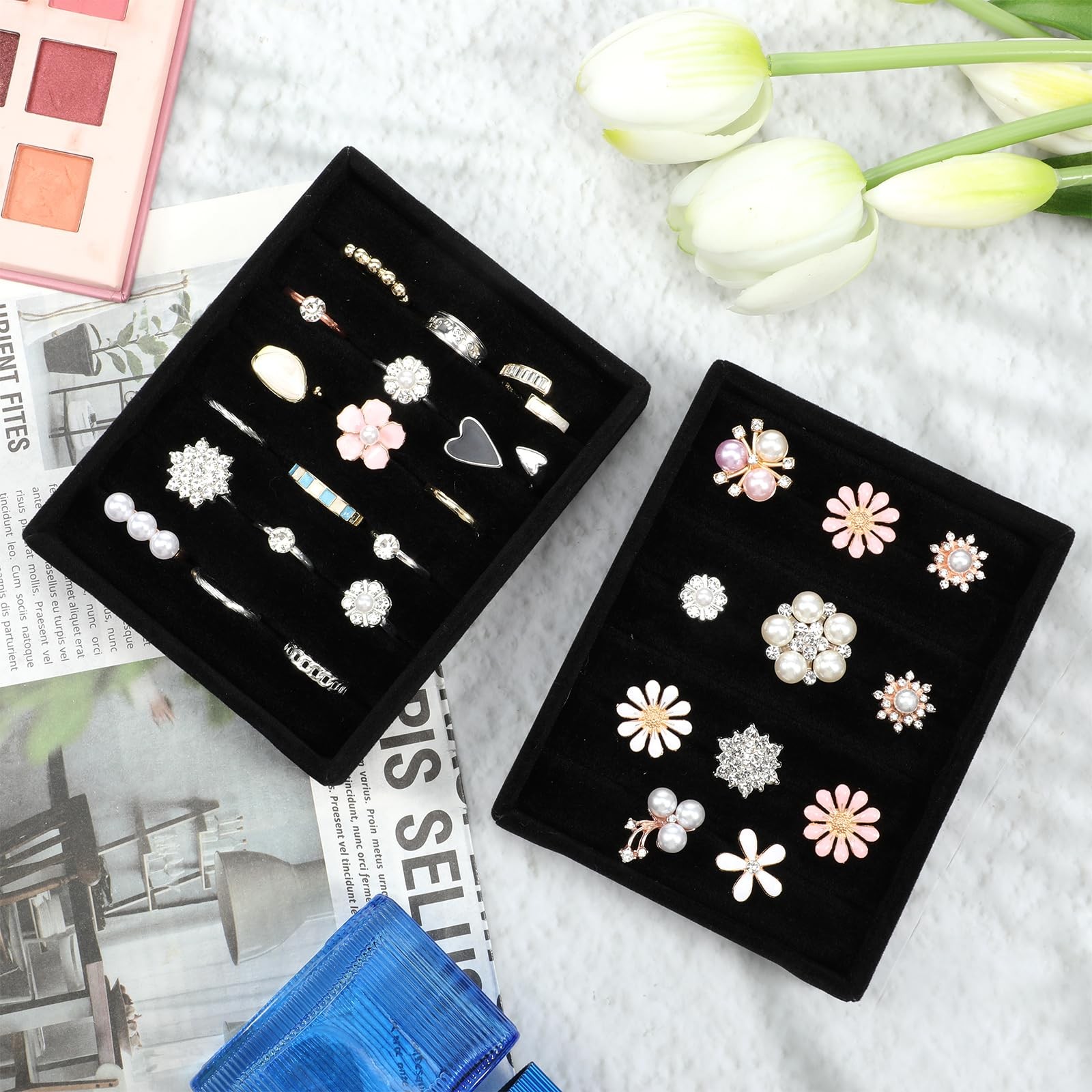Xyembu 2 PCS Black Velvet Stackable Ring Organizer Tray, Earrings Display…