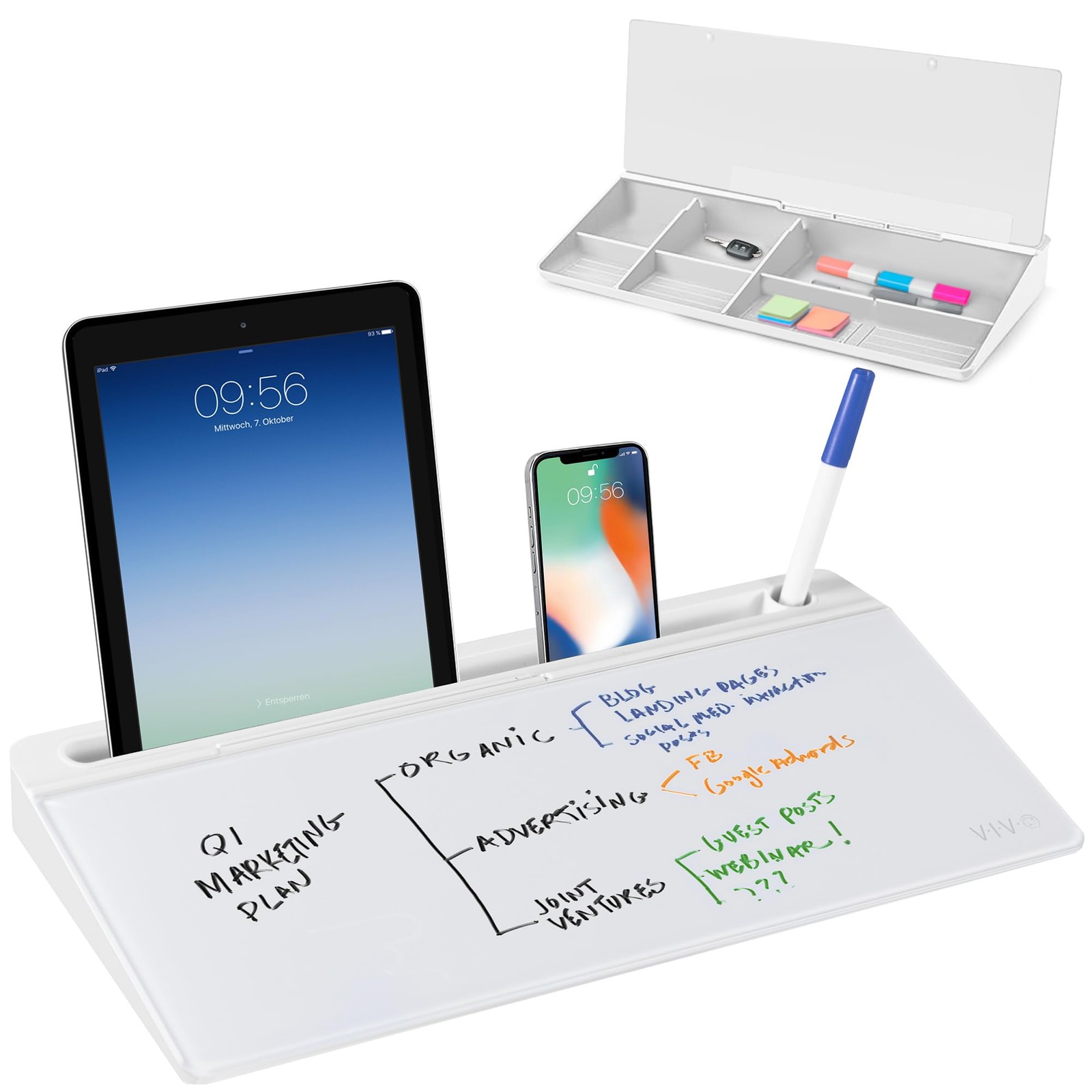 VIVO Glass 16 x 7 inch Dry Erase Board with Storage, 16″W x 7″H, White