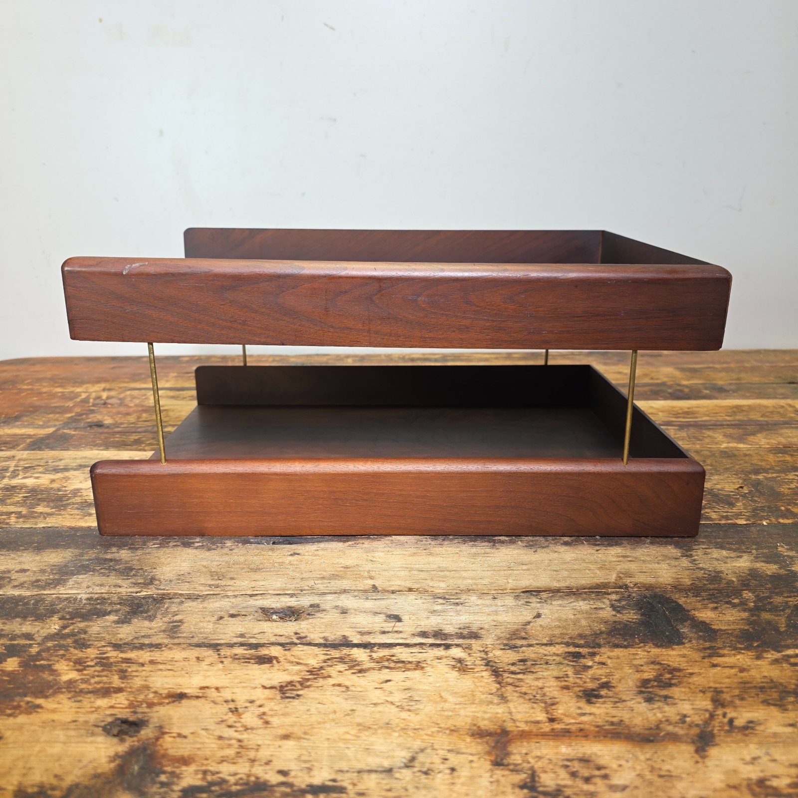 Vintage Carver Wood Products Desk Letter Tray 2 Tier Cherry Oak MCM Damage USA