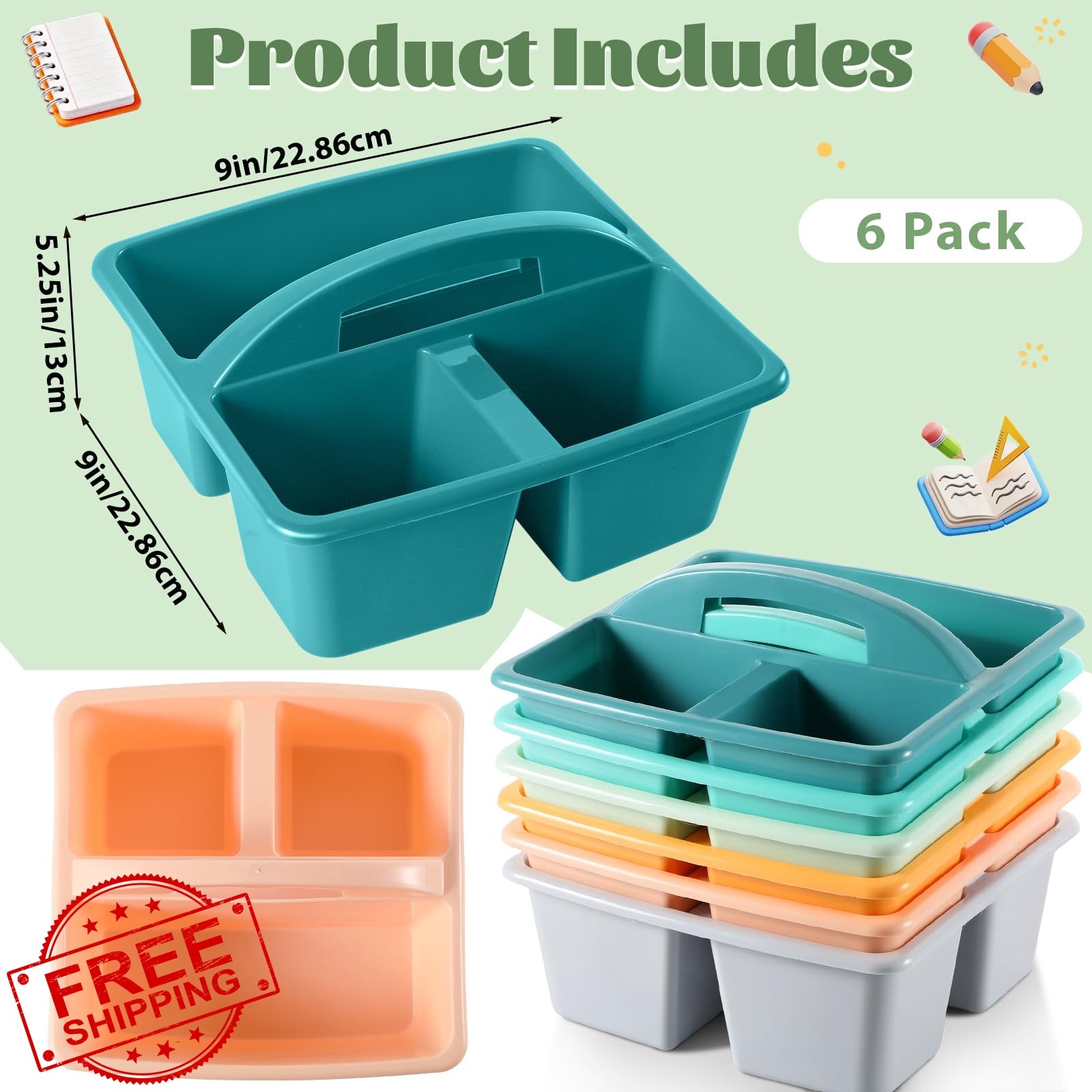 6 Pack 3 Compartment Small Caddy Plastic Classroom Organizer with Handle Port…