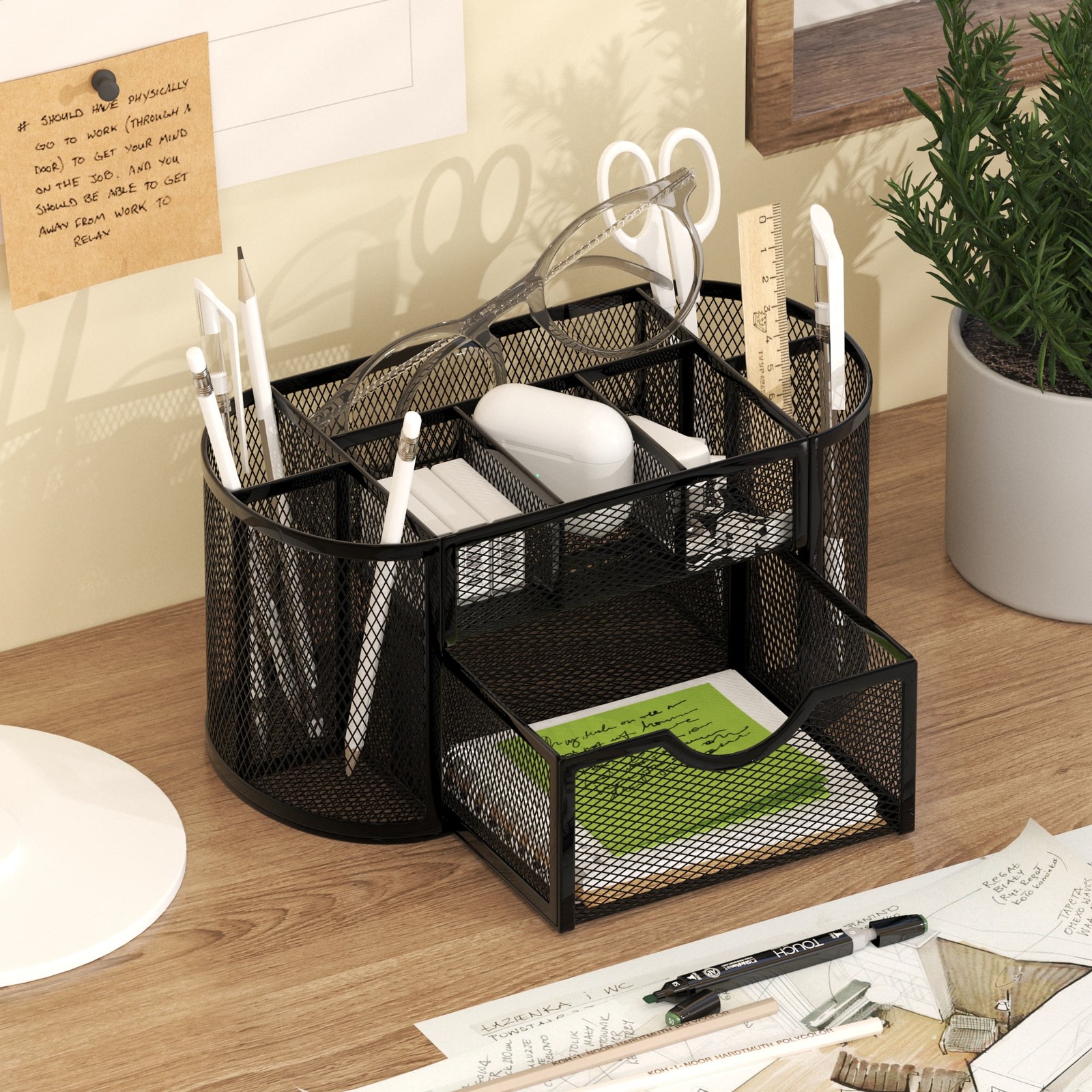 Desk Organizer Pen Holder W/ Drawers Pencil Holder Desk Mesh Office Supply