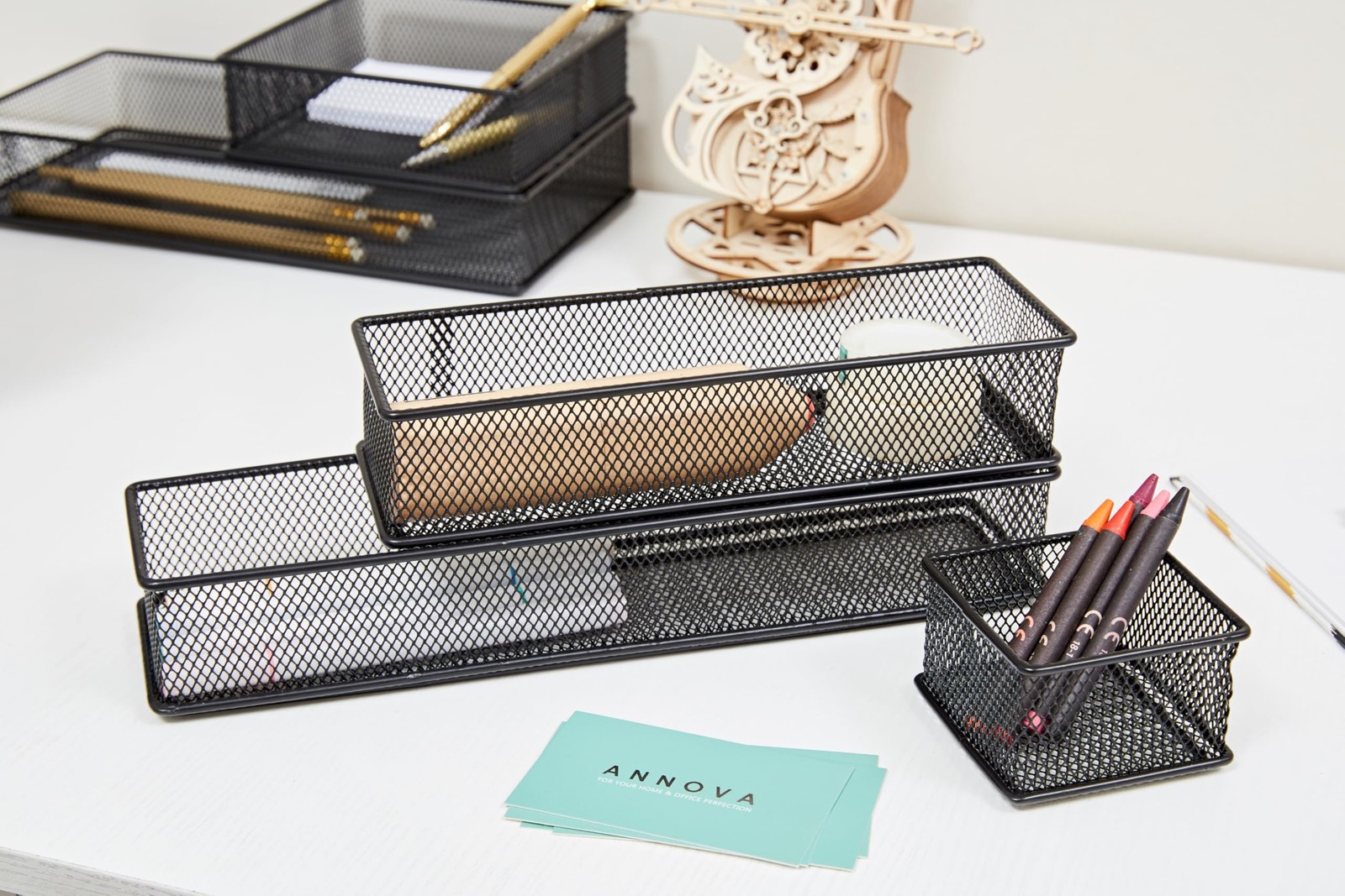 Annova Mesh Stackable Drawer Cabinet and Shelf Organizer 3x9x2 Inch, Black