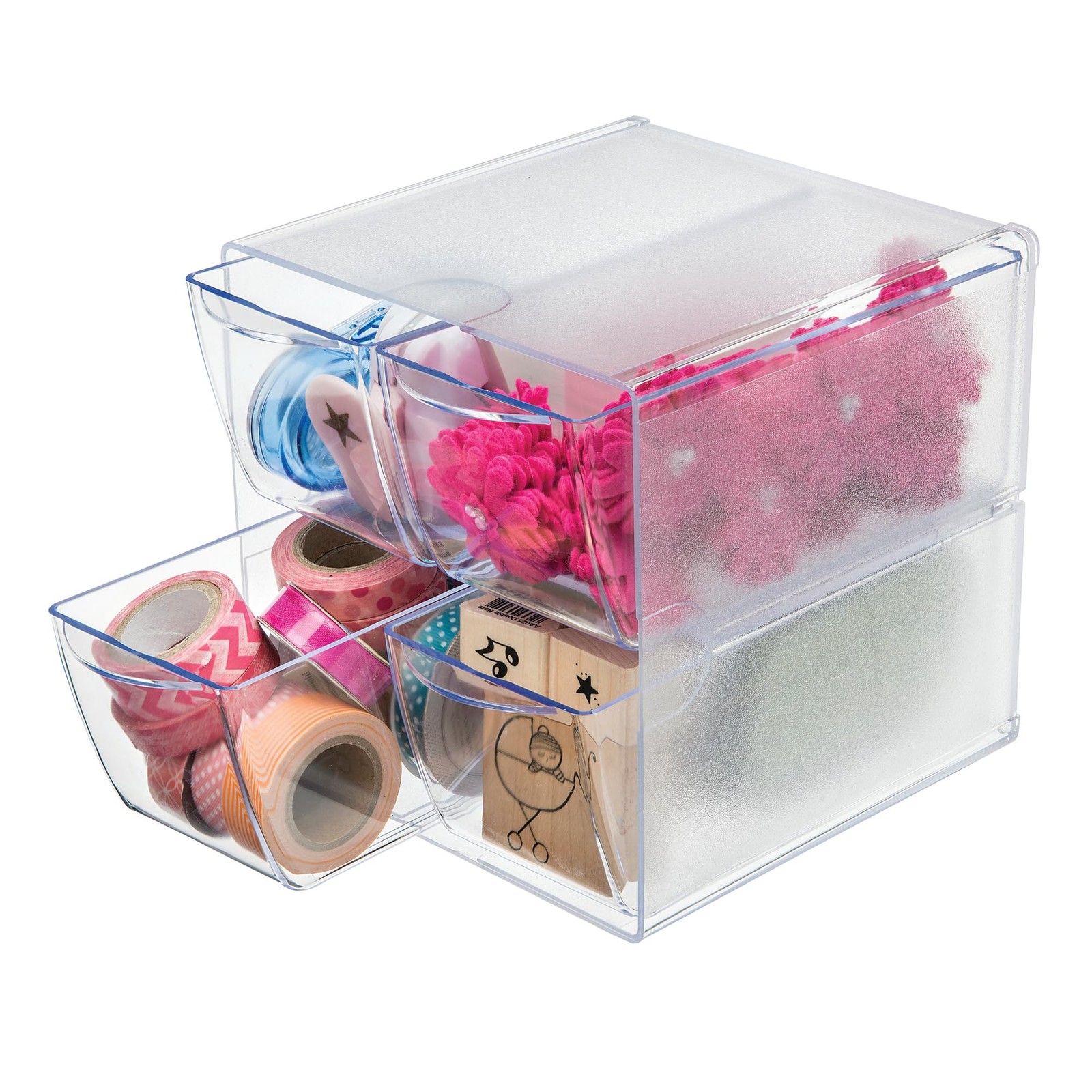 Deflecto Stackable Cube Organizer, Desk and Craft 4-Drawer, Clear