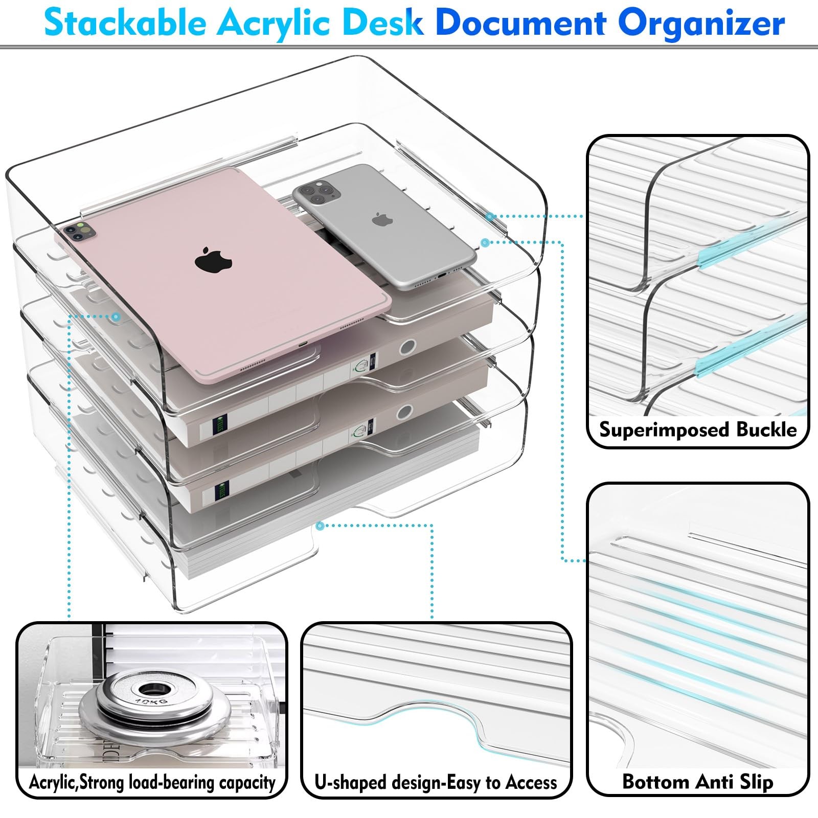 Paper Organizer Letter Tray, 4 Pack Acrylic Stackable 4-tier Widened, White