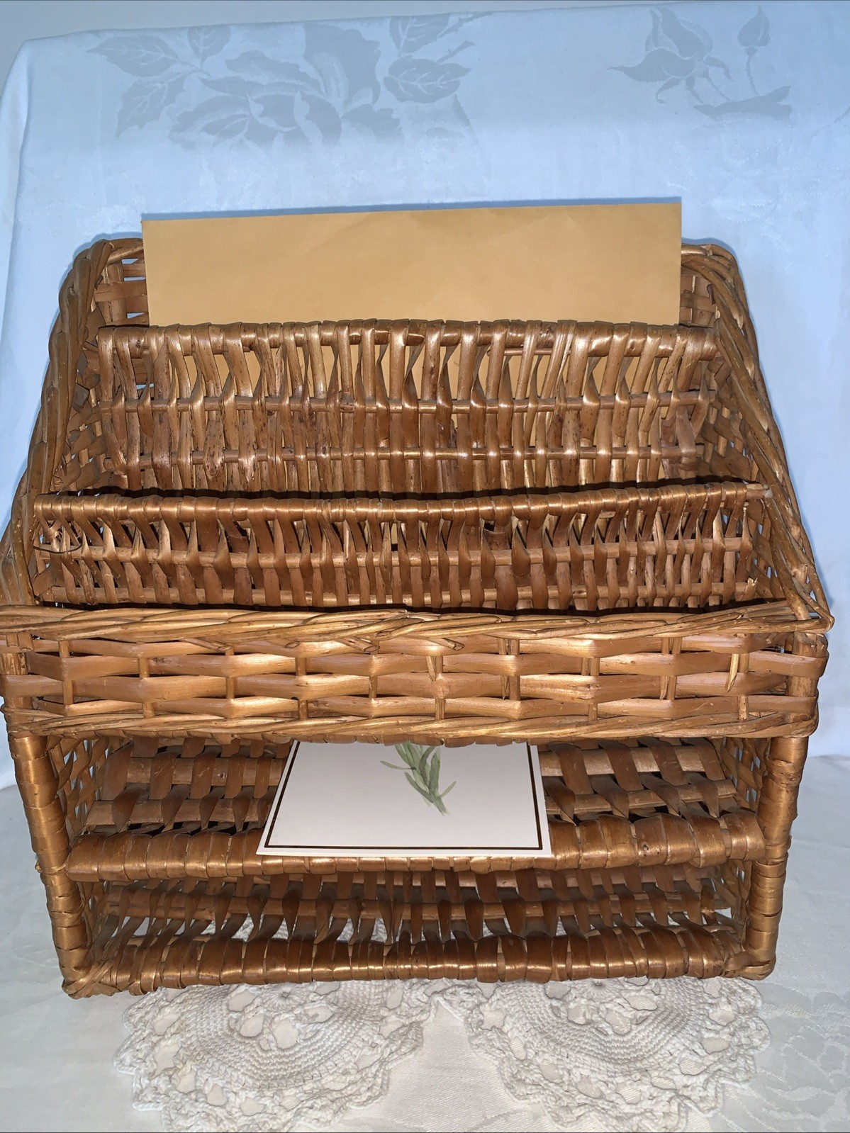 Vintage Wicker Desk Organizer Mail Letter Holder Shelf Tiered 10.5”x6”x11”