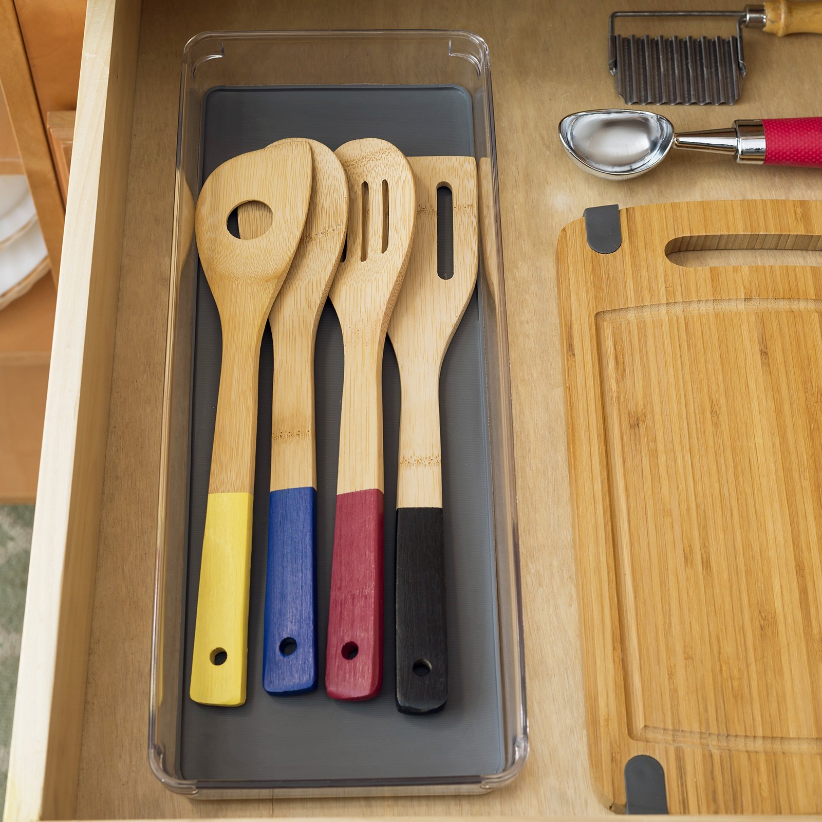 Clear Plastic Drawer Organizer with Grey Rubber Bottom by One Size,