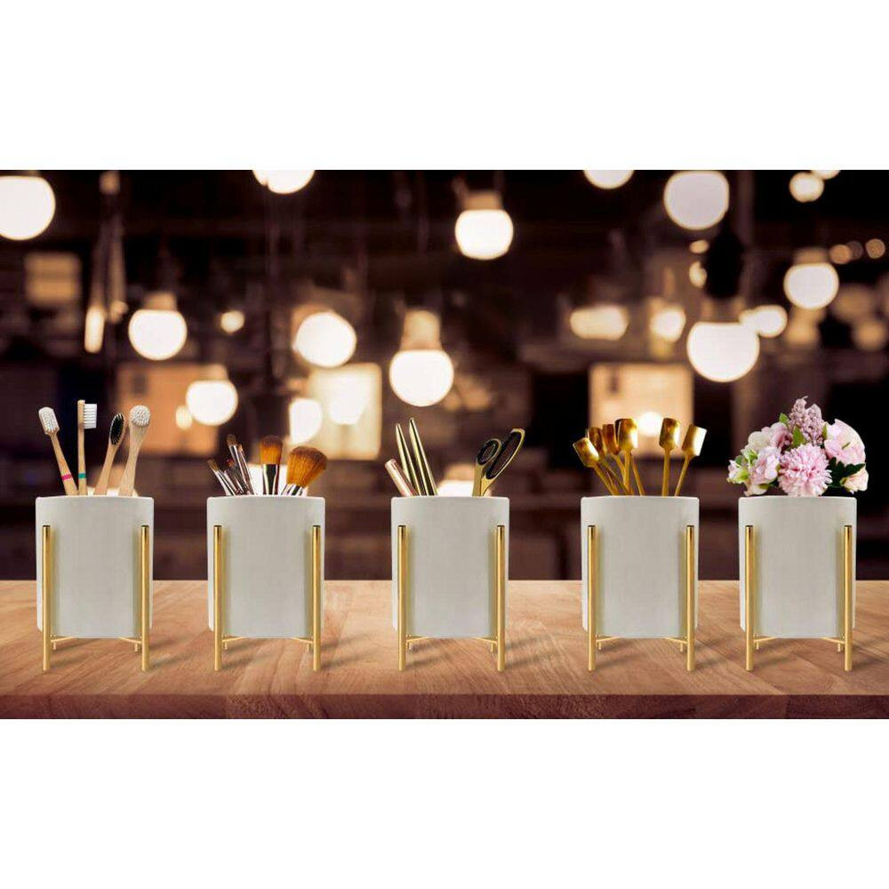 Gold and White Ceramic Pencil Cup with Sturdy Metal Frame, Smooth Marble Finish,
