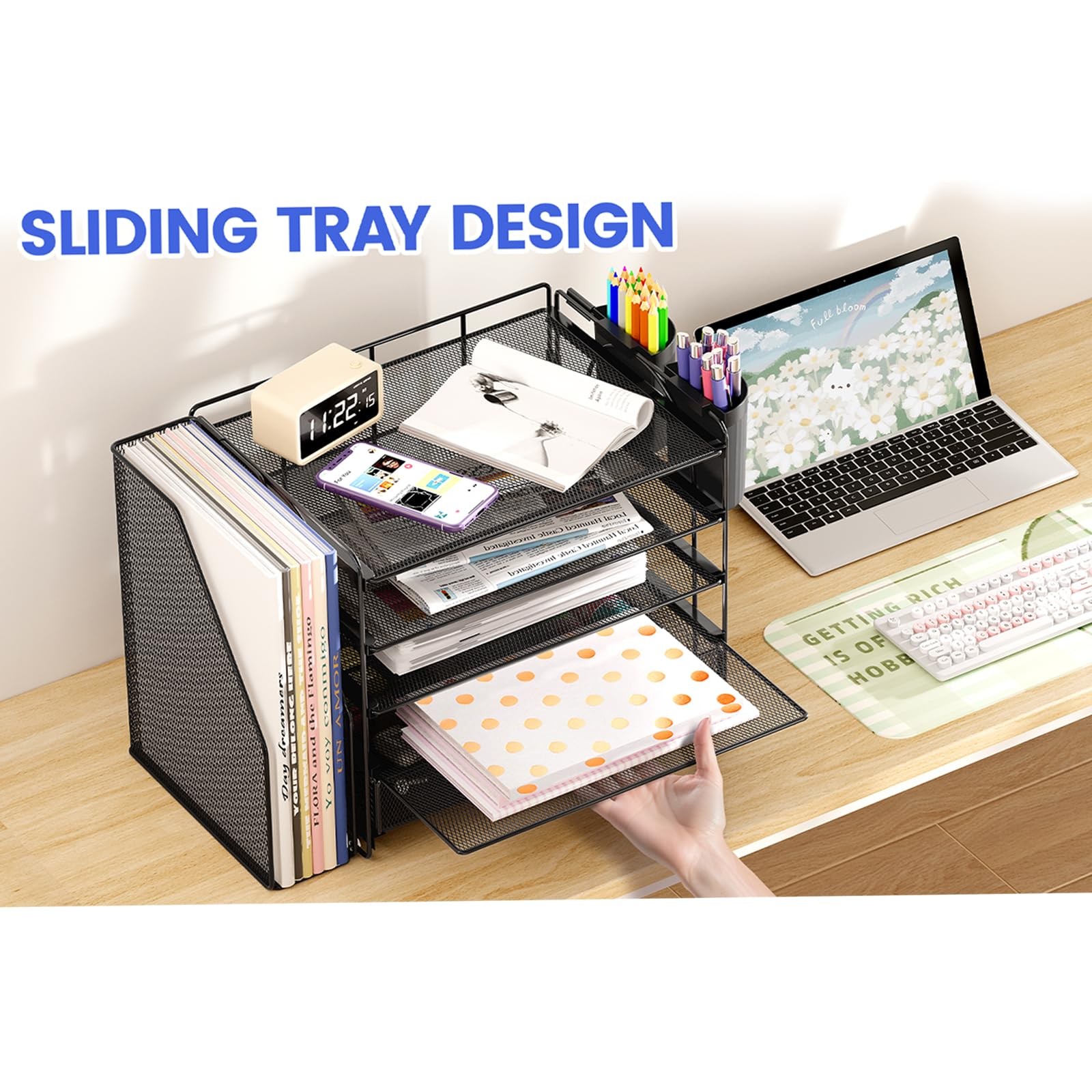 Desk Organizer, 5-Tier Desktop File Organizer with Drawer and Pen Holders, Of…