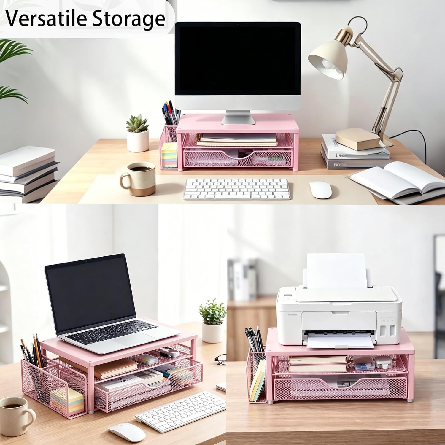 Ergonomic Monitor Stand Riser in Pink with Drawer & Ample Storage for Office