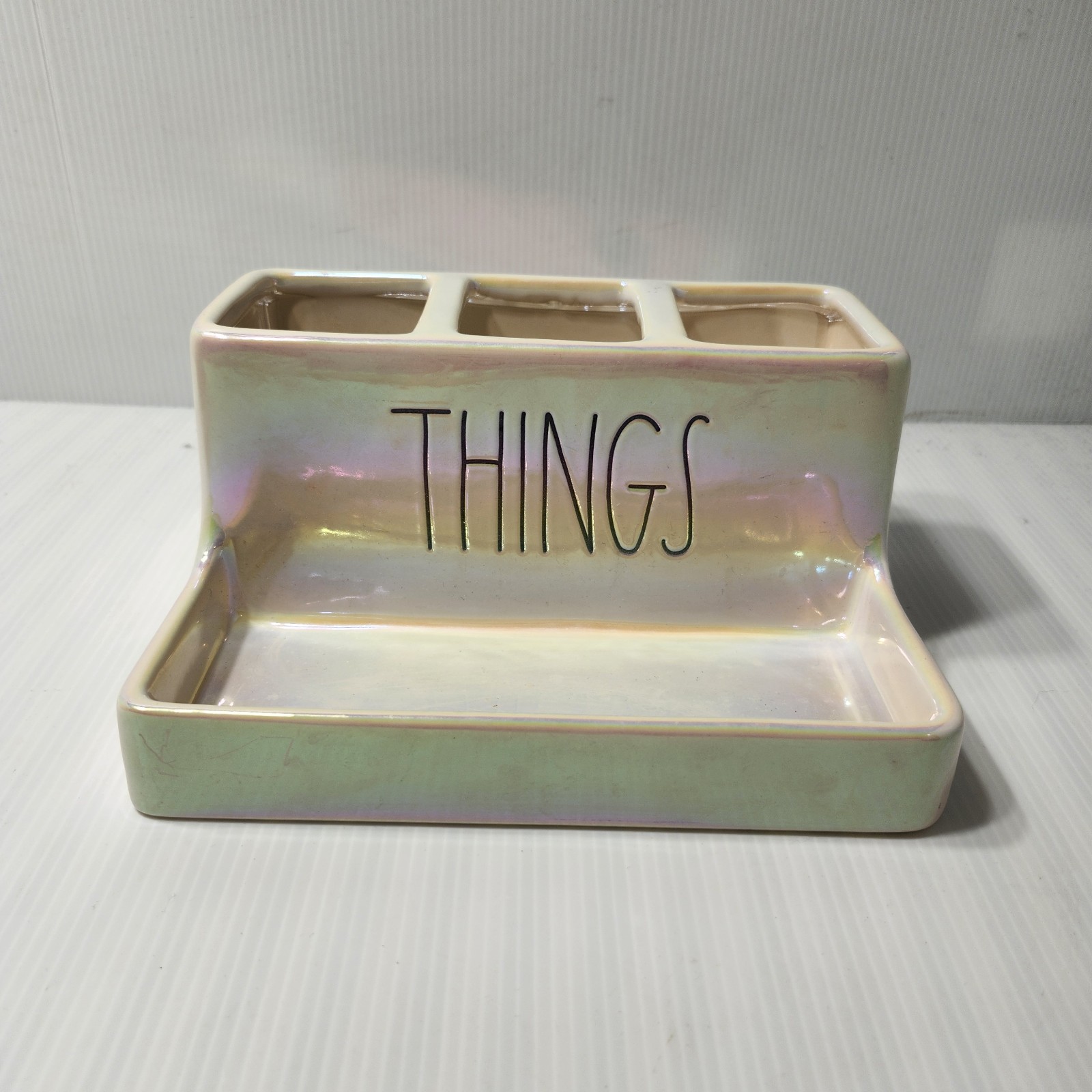 Rae Dunn THINGS Ceramic Desk Bathtoom Organizer 3 Comparmtnets Tray Iridescent
