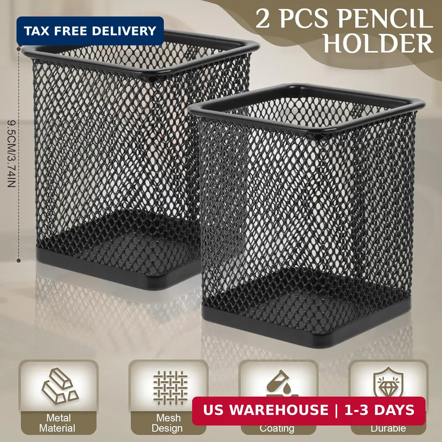 2 Pack Square Metal Pen Holder for Desk, 3.15 x 3.74 IN Pen Cups, Pencil Holder