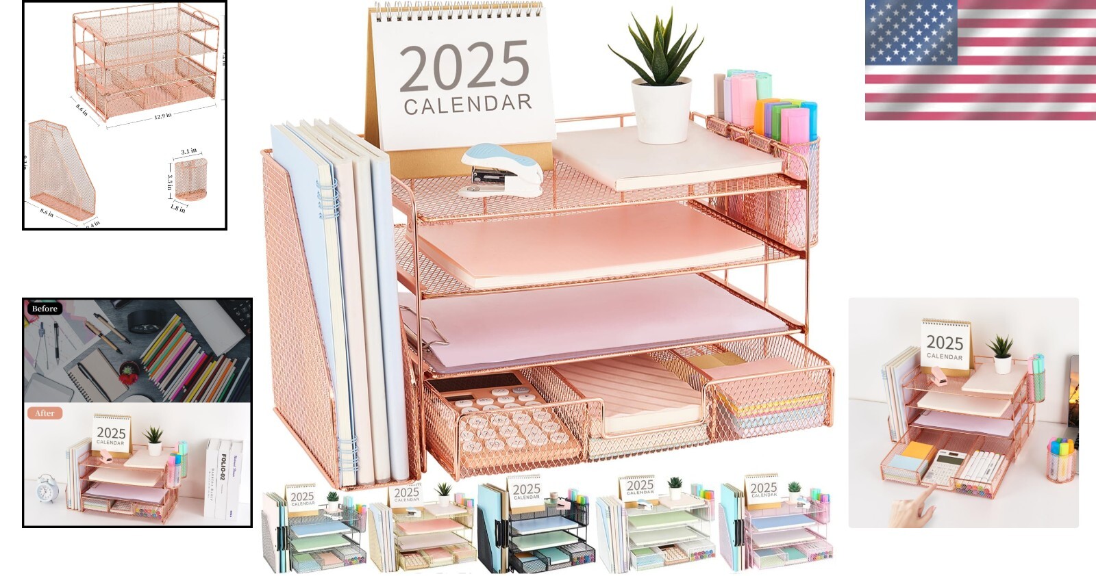 Sleek 4-Tier Metal Letter Tray Organizer with Drawer – Modern Rose Gold Style