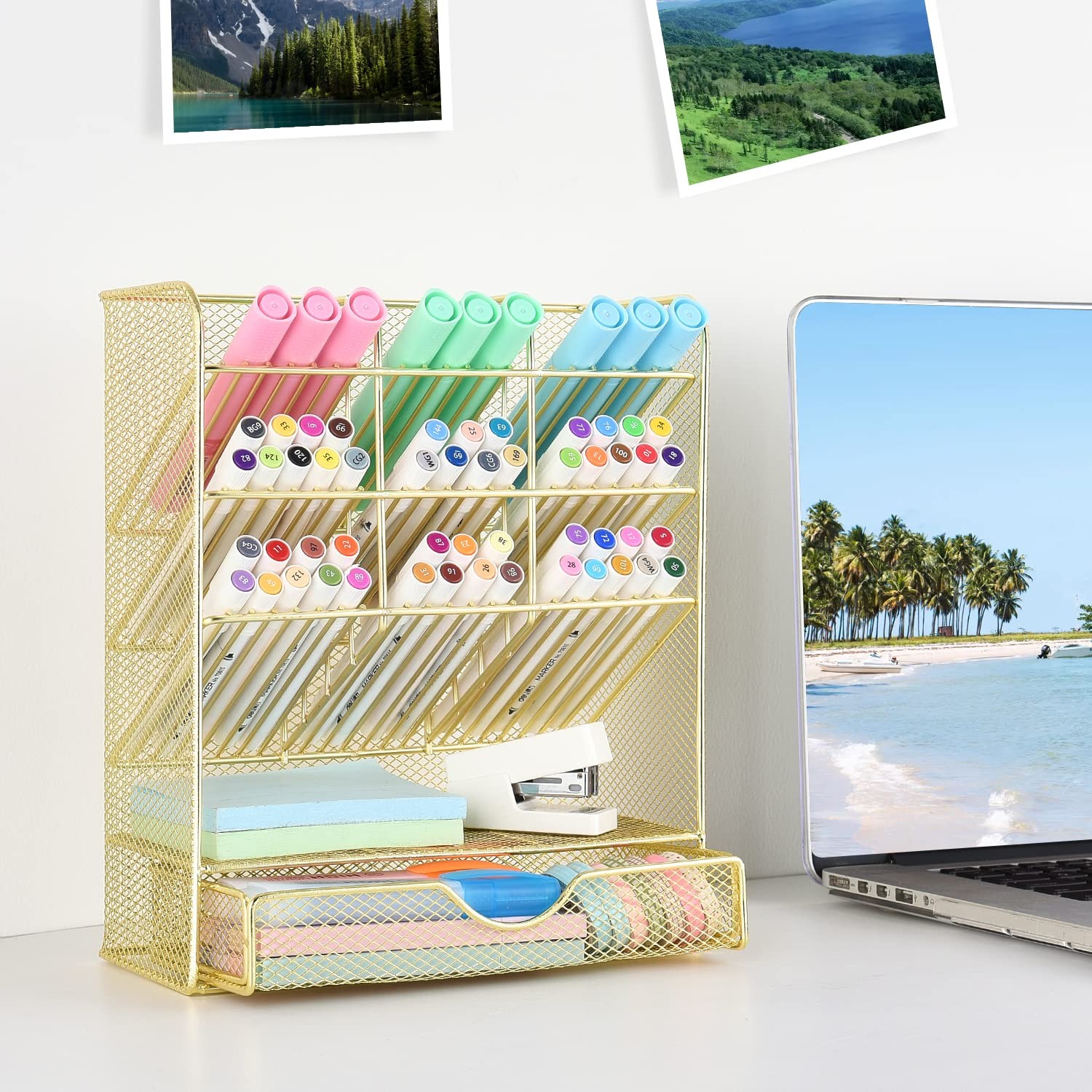 Spacrea Mesh Pen Organizer – Pencil Holder for Desk, Desk with Gold