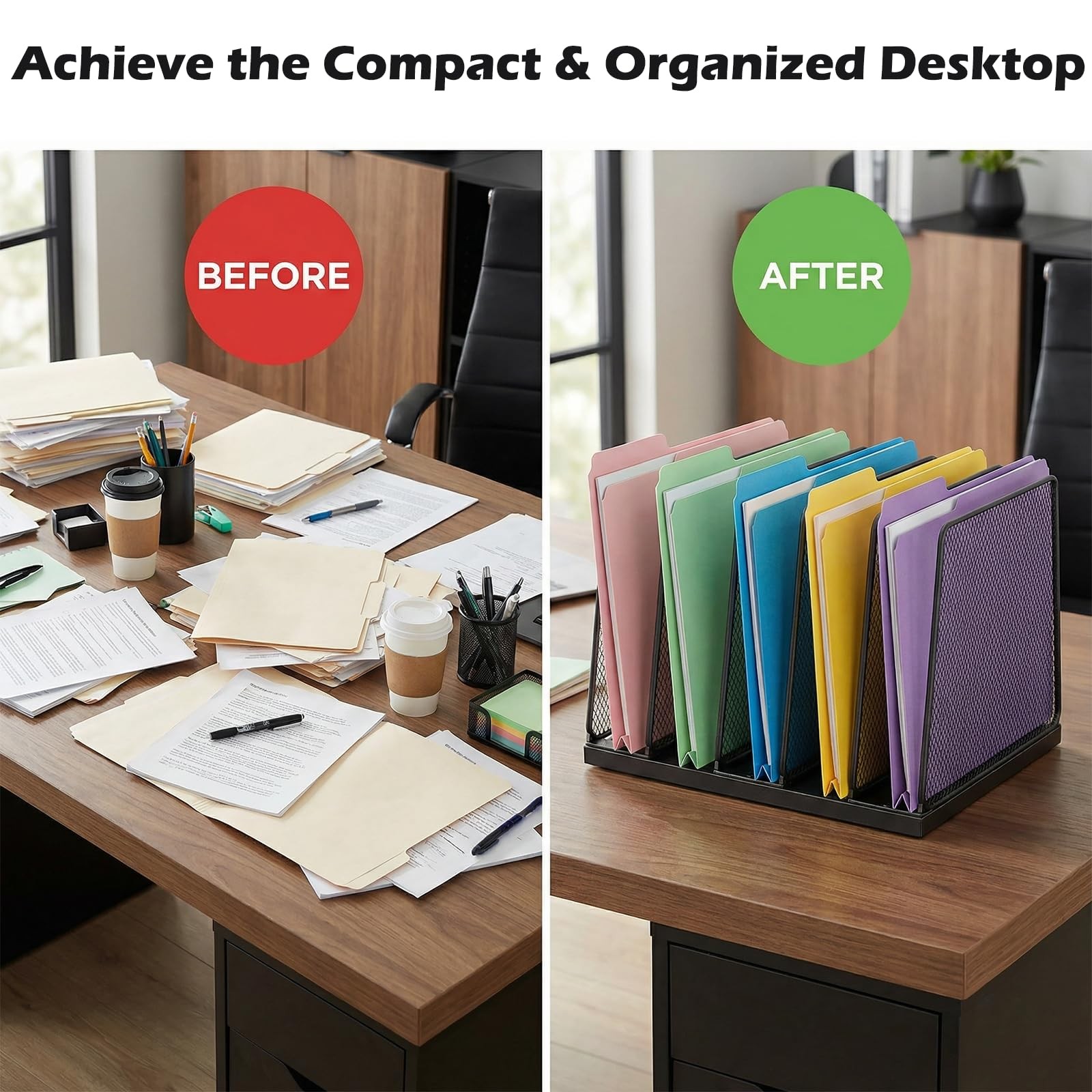 5-Section File Organizer for Desk, Wood Mesh Desktop File Organizer, File Sor…