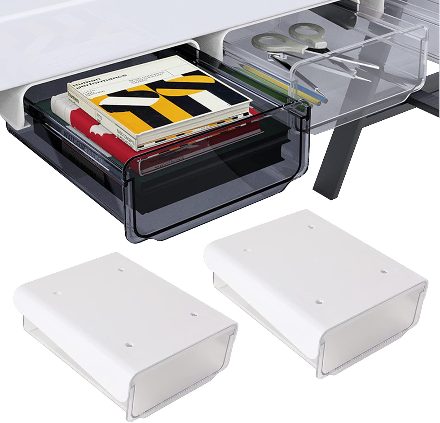 Self-adhesive Under Desk Drawer, 2 Packs Table Hidden Organizer Slide Out Large