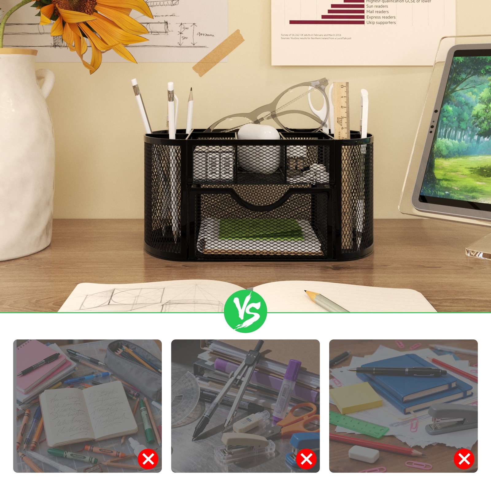 Desk Organizer Pen Holder W/ Drawers Pencil Holder Desk Mesh Office Supply