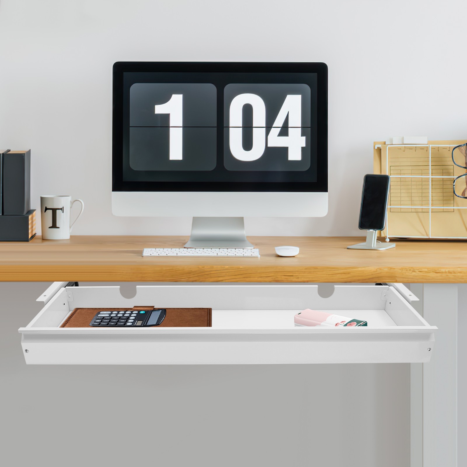 Under Desk Sliding Pull-Out Drawer White 33.3 × 9.2 In Mount For Sit-Stand Desk