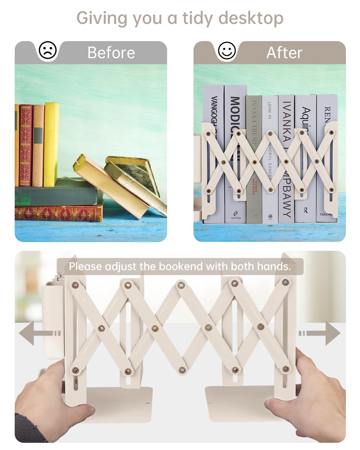 Honagu Adjustable Bookends, Metal Book Ends for Shelves Heavy Milky White