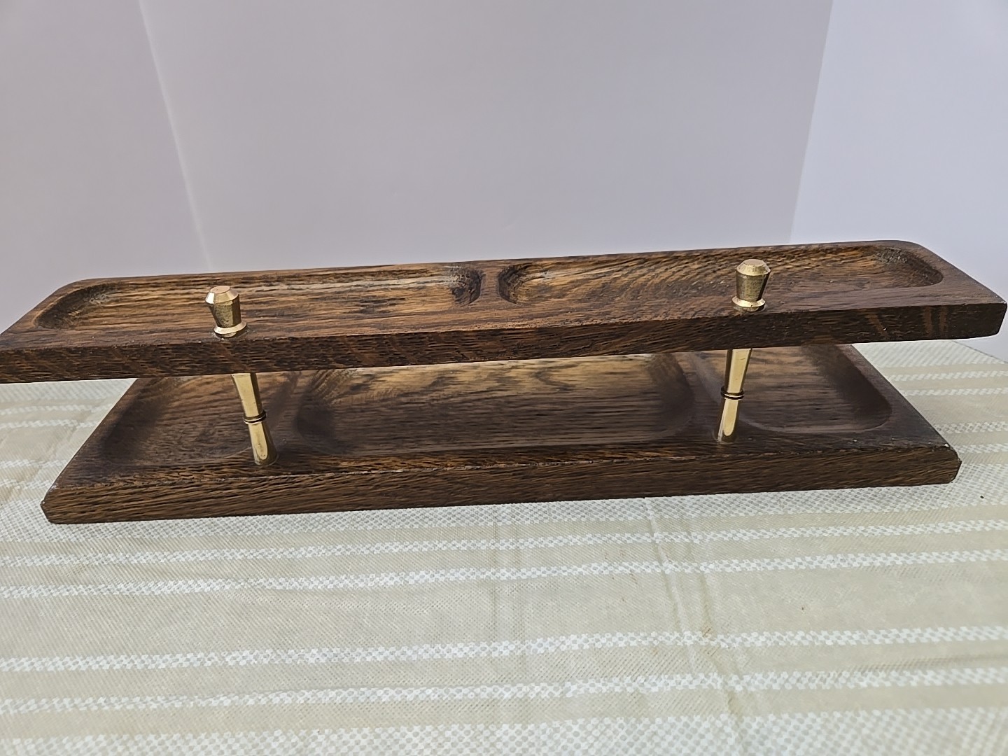 Solid Wood With Brass 2-Tier MCM Desk Organizer Dresser Valet jewelry Tray