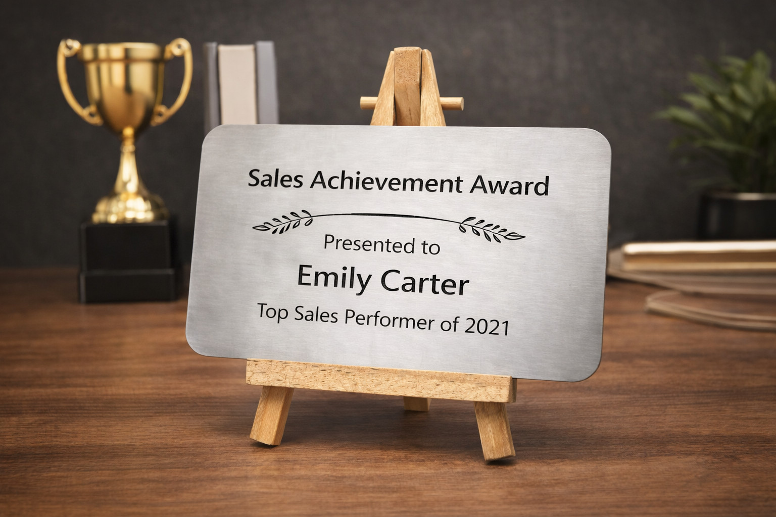Personalize Stainless Steel Engraved Desk Name Plate with Wooden Stand Accessory